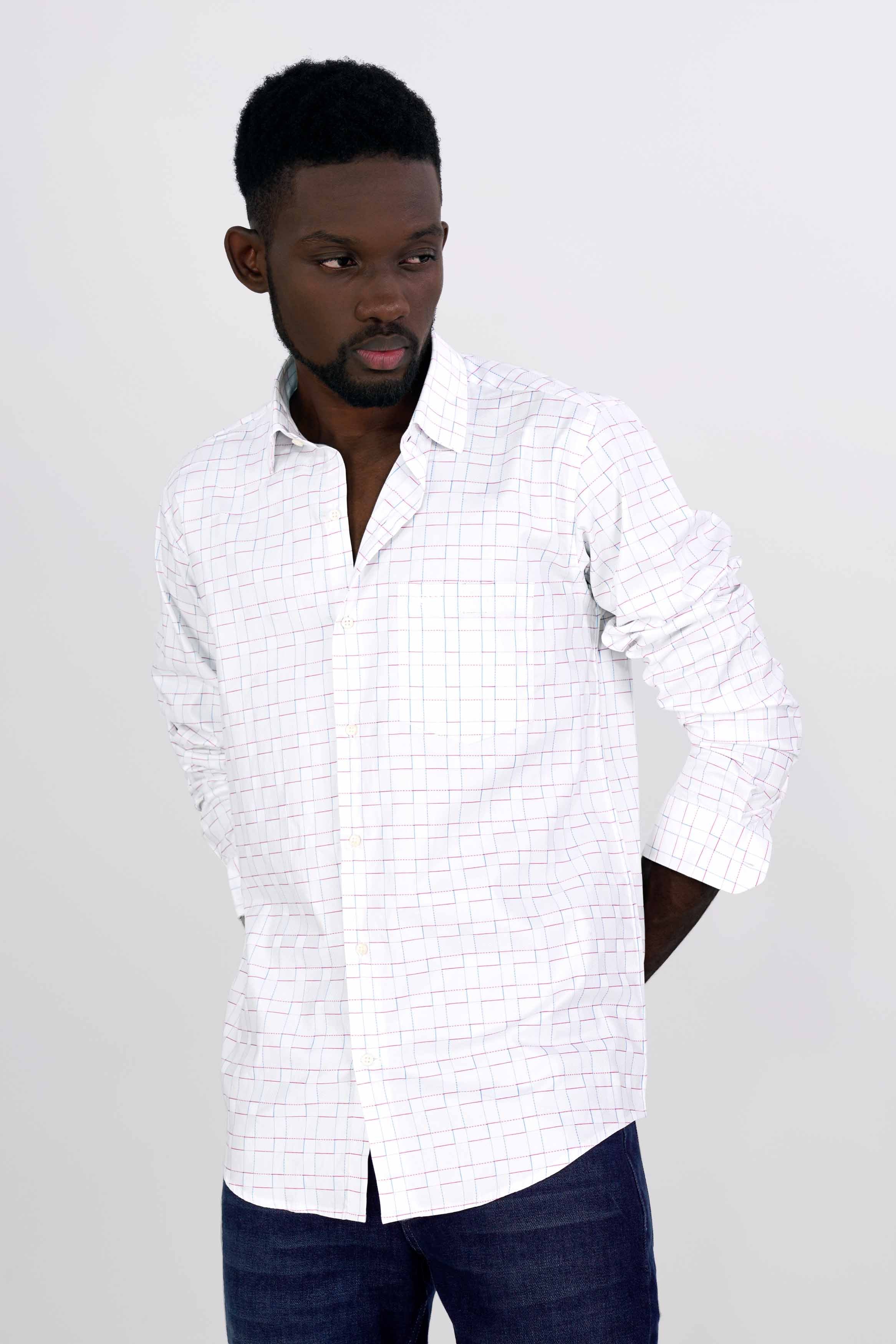 Bright White with Flint Pink and Tory Blue Checkered Dobby Textured Premium Giza Cotton Shirt