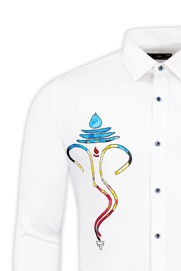 Bright White Lord Ganesha Trunk Hand Painted Subtle Sheen Super Soft Premium Cotton Designer Shirt