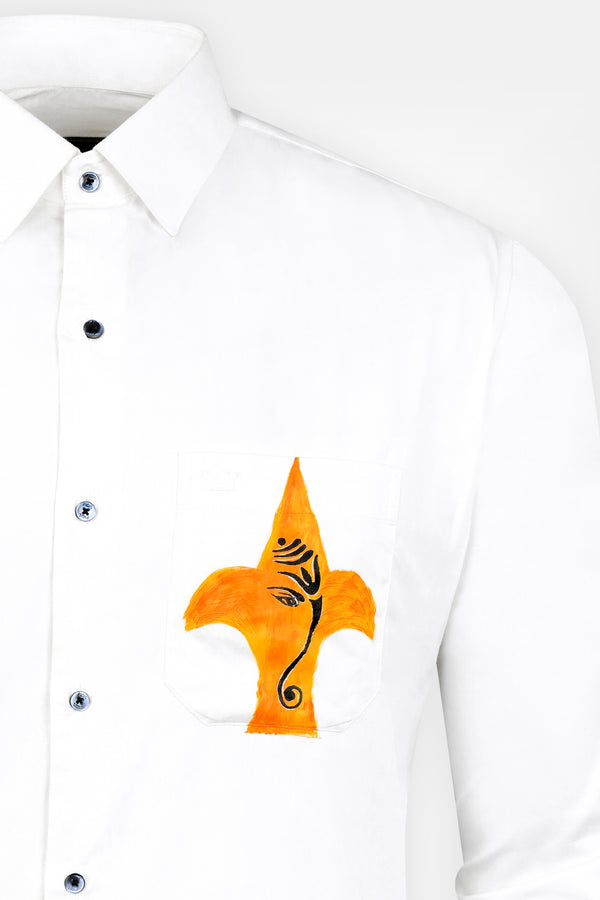 Bright White Lord Ganesha Hand Painted Subtle Sheen Super Soft Premium Cotton Designer Shirt