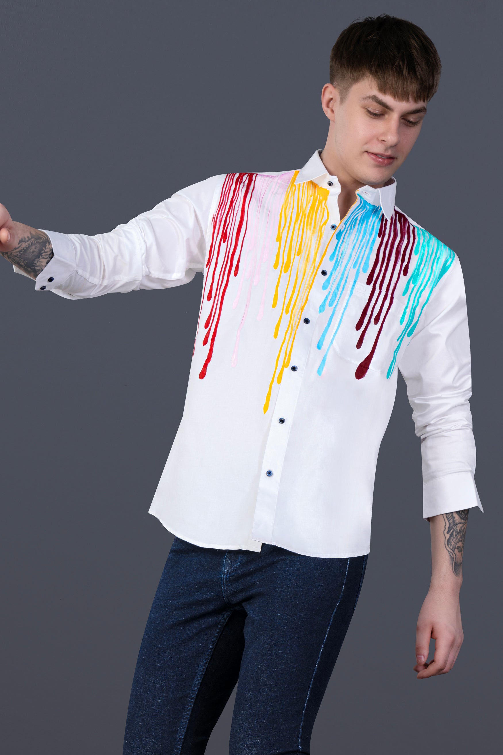 Bright White Melting Color Effect Hand Painted Subtle Sheen Super Soft Premium Cotton Designer Shirt