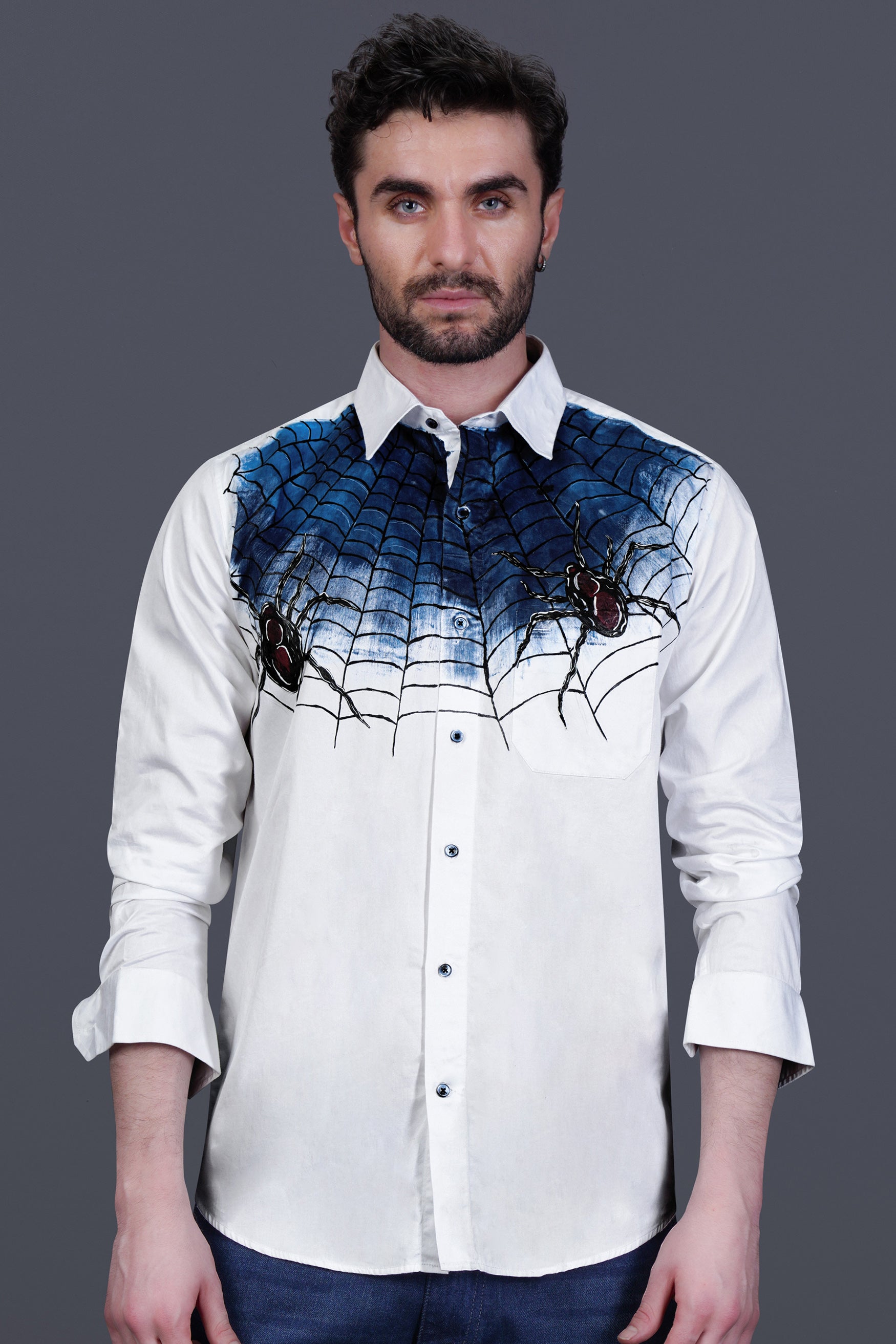 Bright White Spider Web Hand Painted Subtle Sheen Super Soft Premium Cotton Designer Shirt