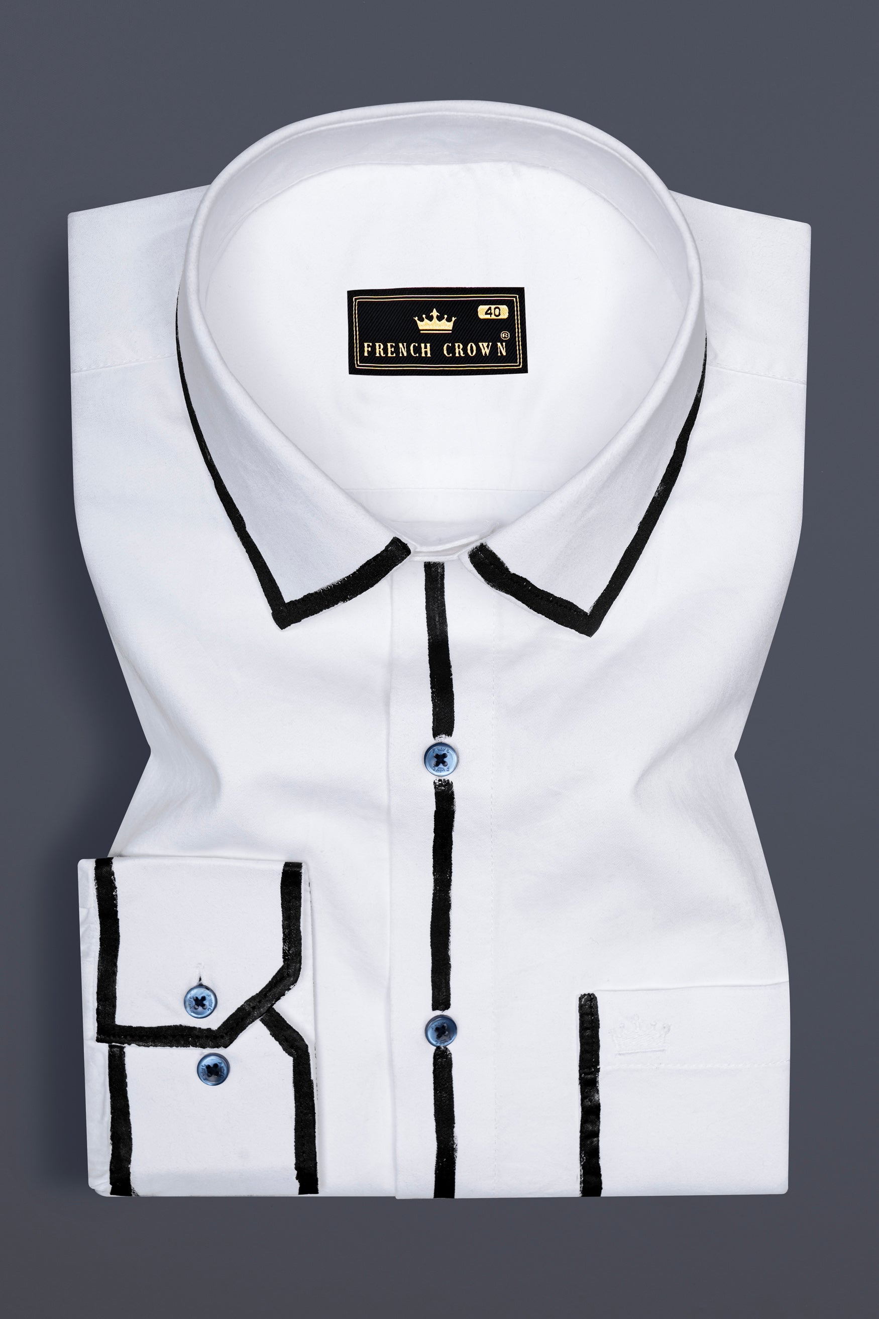 Bright White Subtle Sheen Embellished with Black Hand Painted Super Soft Premium Cotton Designer Shirt