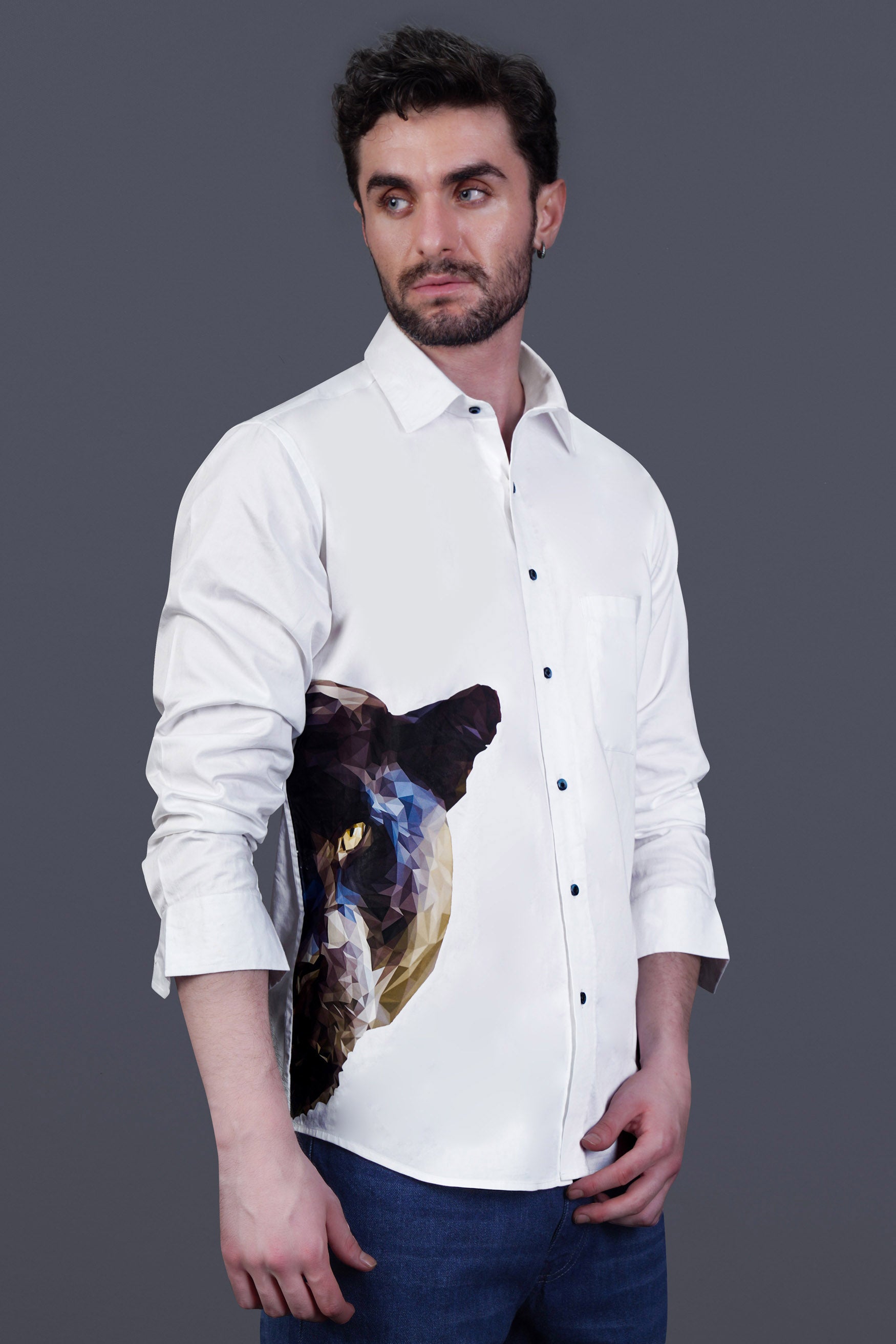 Bright White Aesthetic Panther Printed Subtle Sheen Super Soft Premium Cotton Designer Shirt