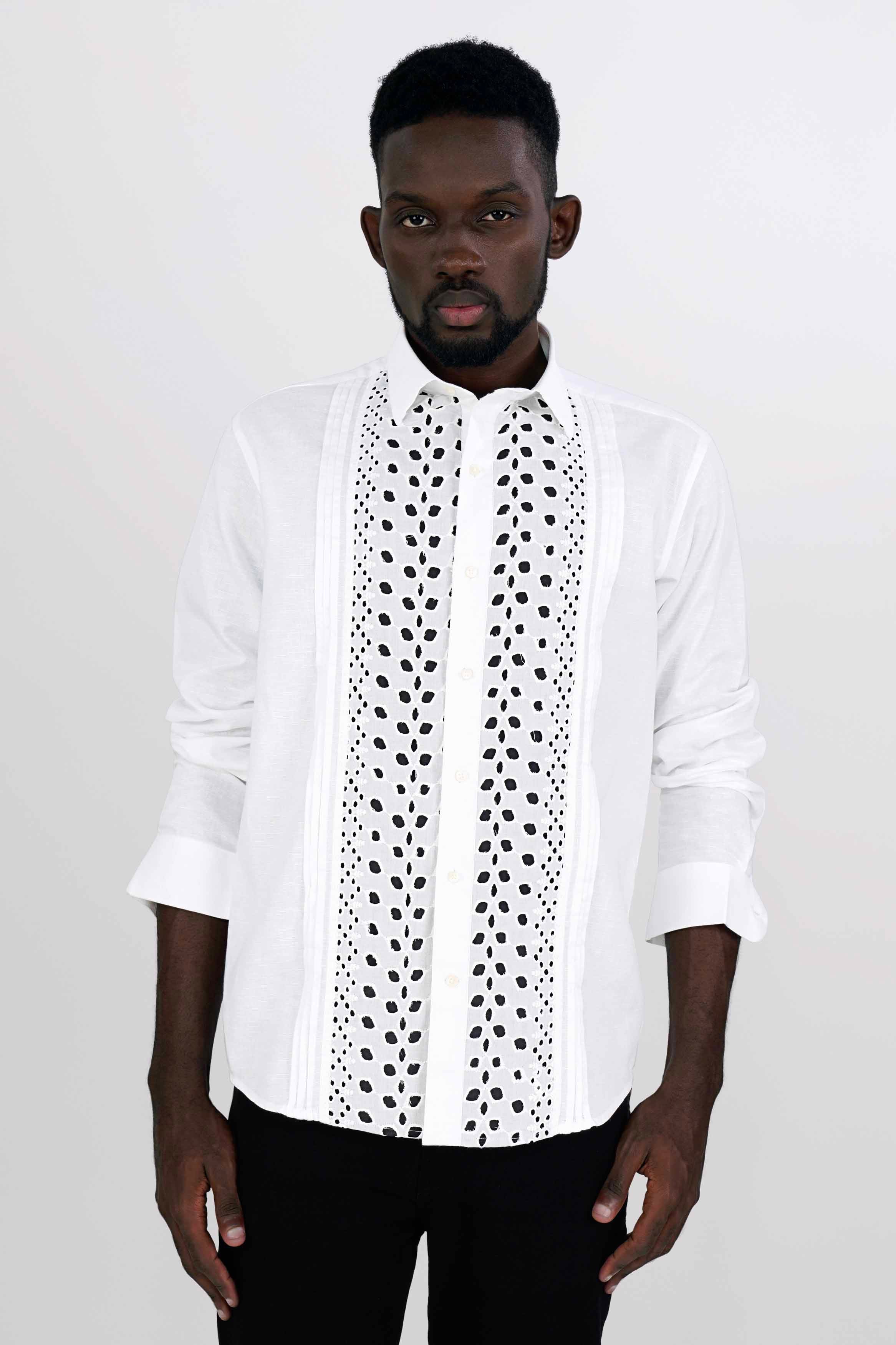 Bright White and Black Cutwork Luxurious Linen Designer Shirt