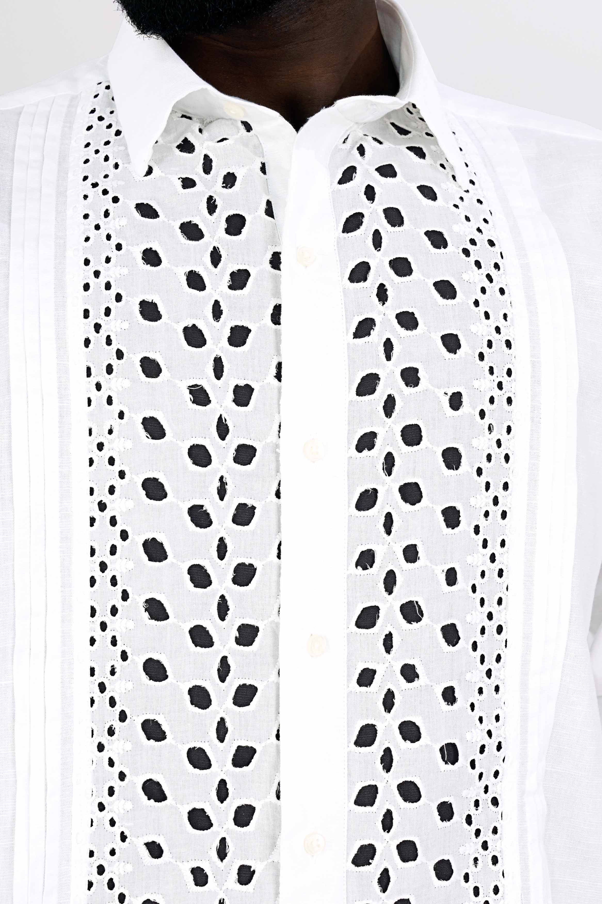 Bright White and Black Cutwork Luxurious Linen Designer Shirt