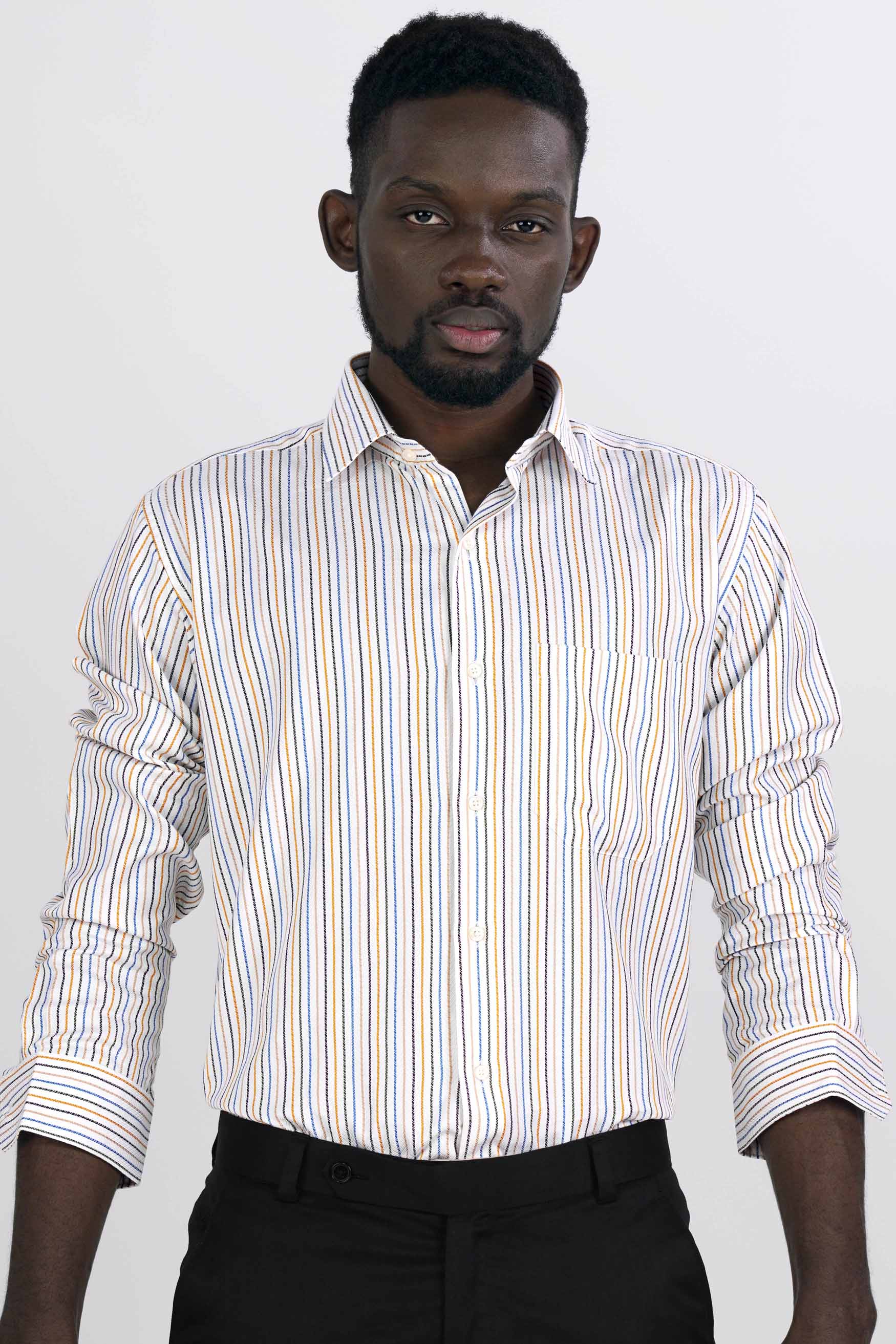 Bright White with Salmon Brown Multicolour Striped Dobby Textured Premium Giza Cotton Shirt