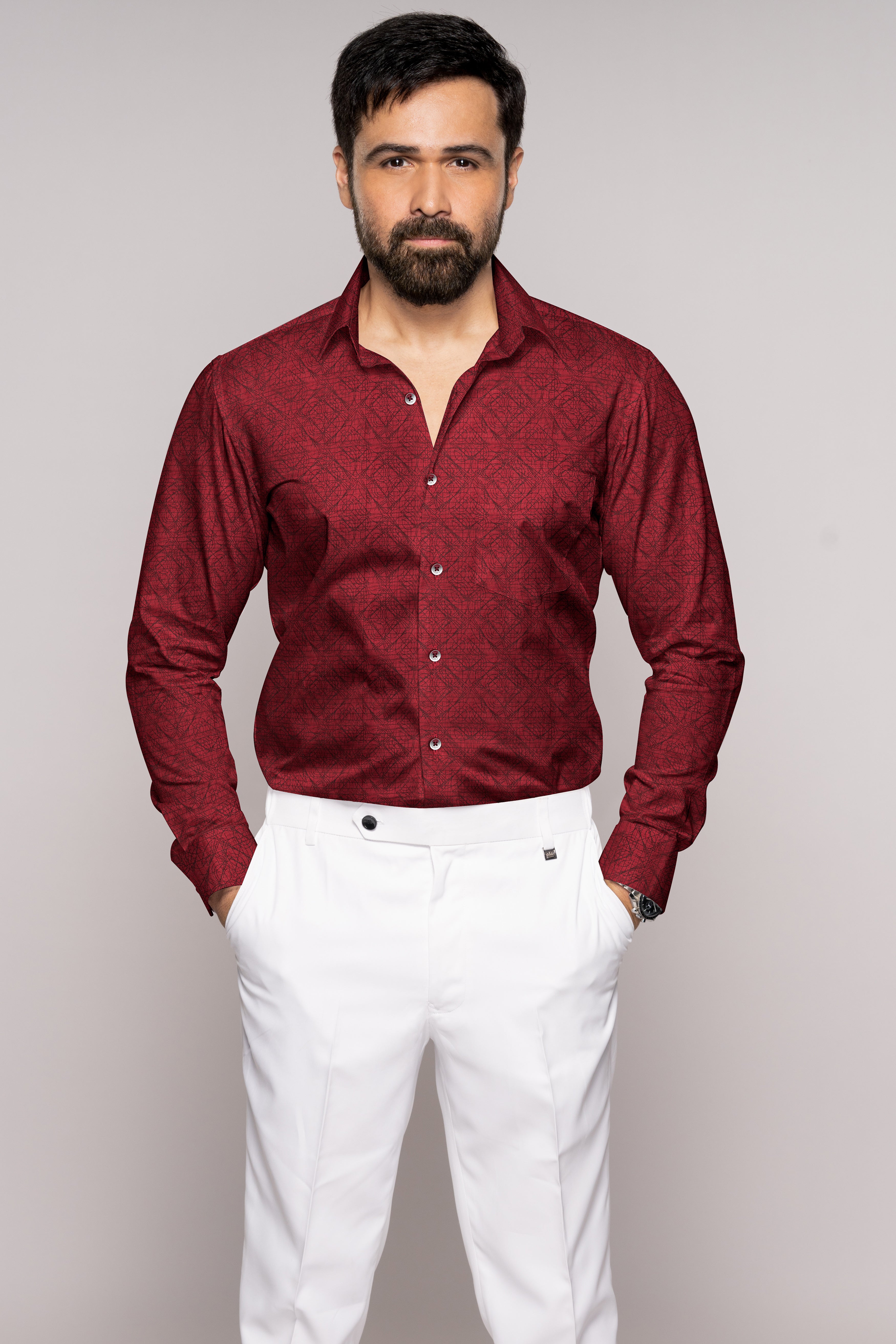 Sanguine Red and Black Jacquard Textured Premium Giza Cotton Shirt