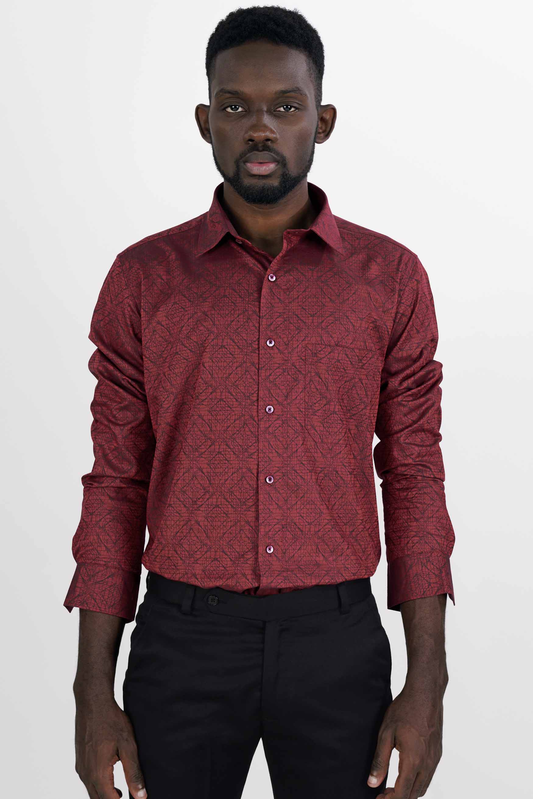 Sanguine Red and Black Jacquard Textured Premium Giza Cotton Shirt