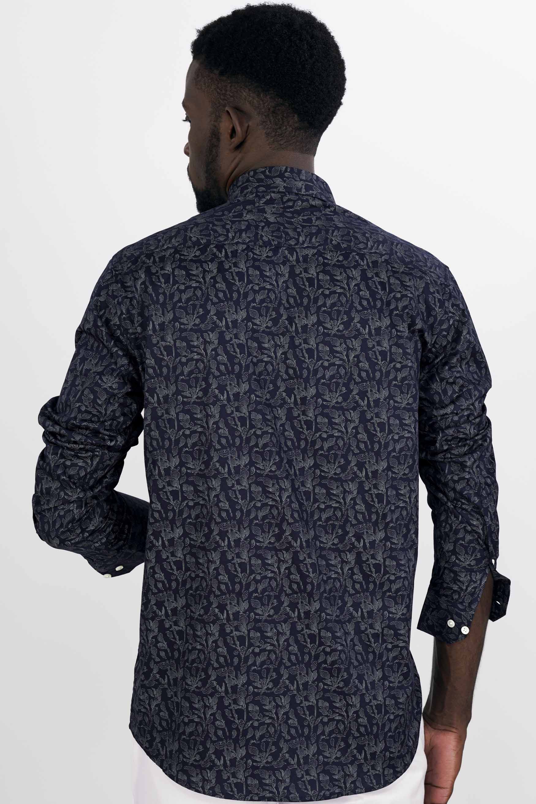 Onyx Blue with Cloudy Brown and White Leaves Printed Twill Premium Cotton Shirt
