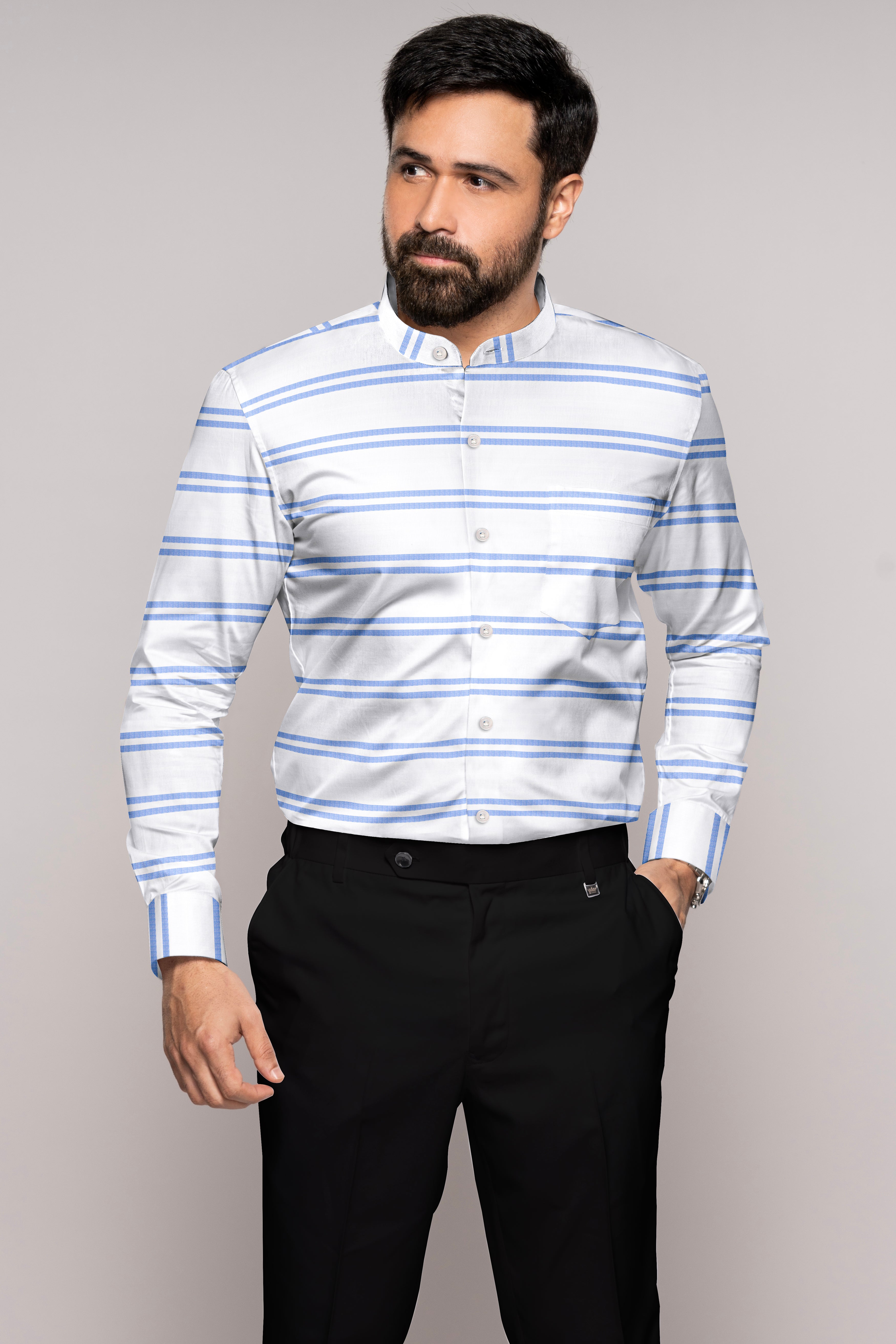 Bright White and Cornflower Blue Striped Dobby Textured Premium Giza Cotton Shirt