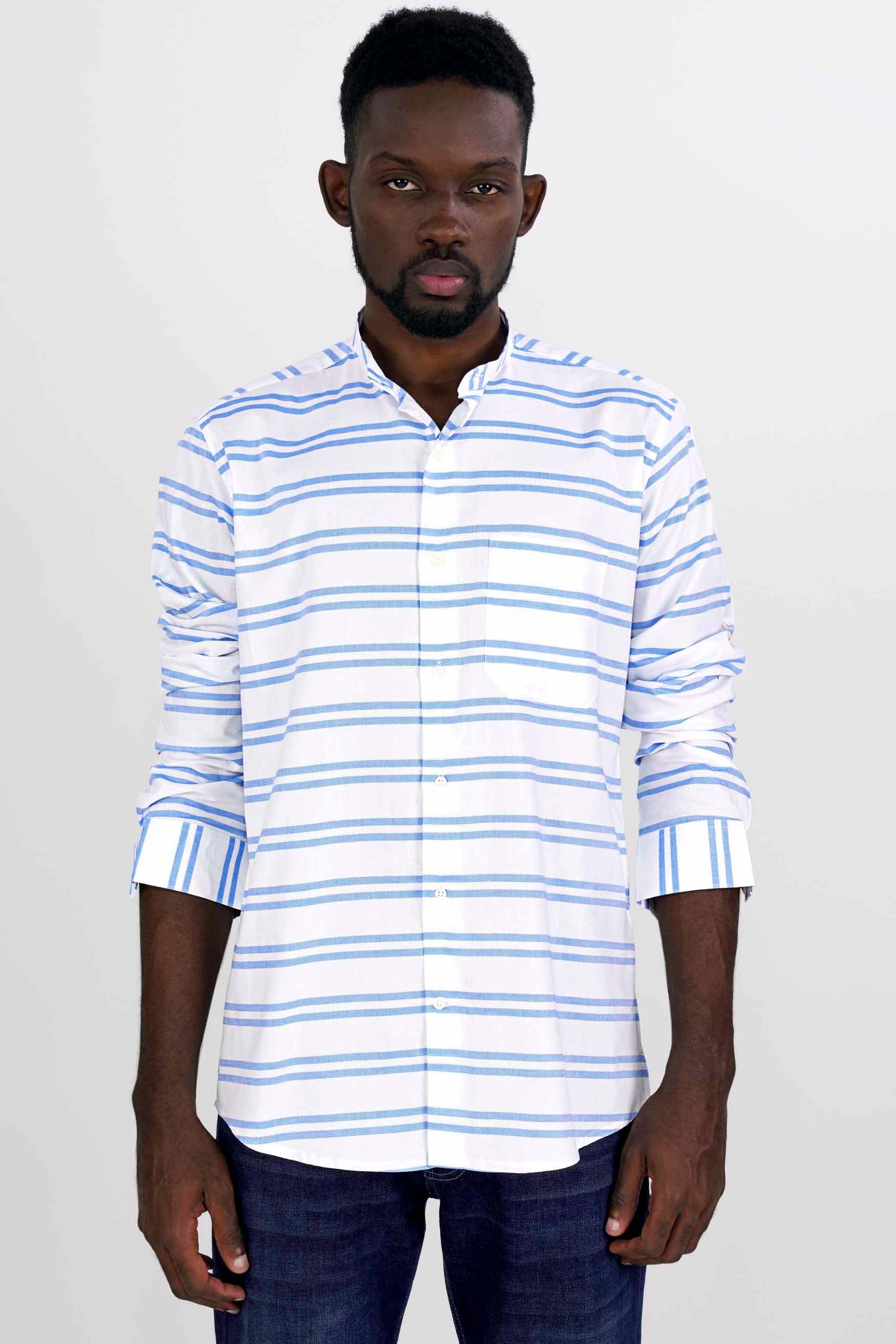 Bright White and Cornflower Blue Striped Dobby Textured Premium Giza Cotton Shirt