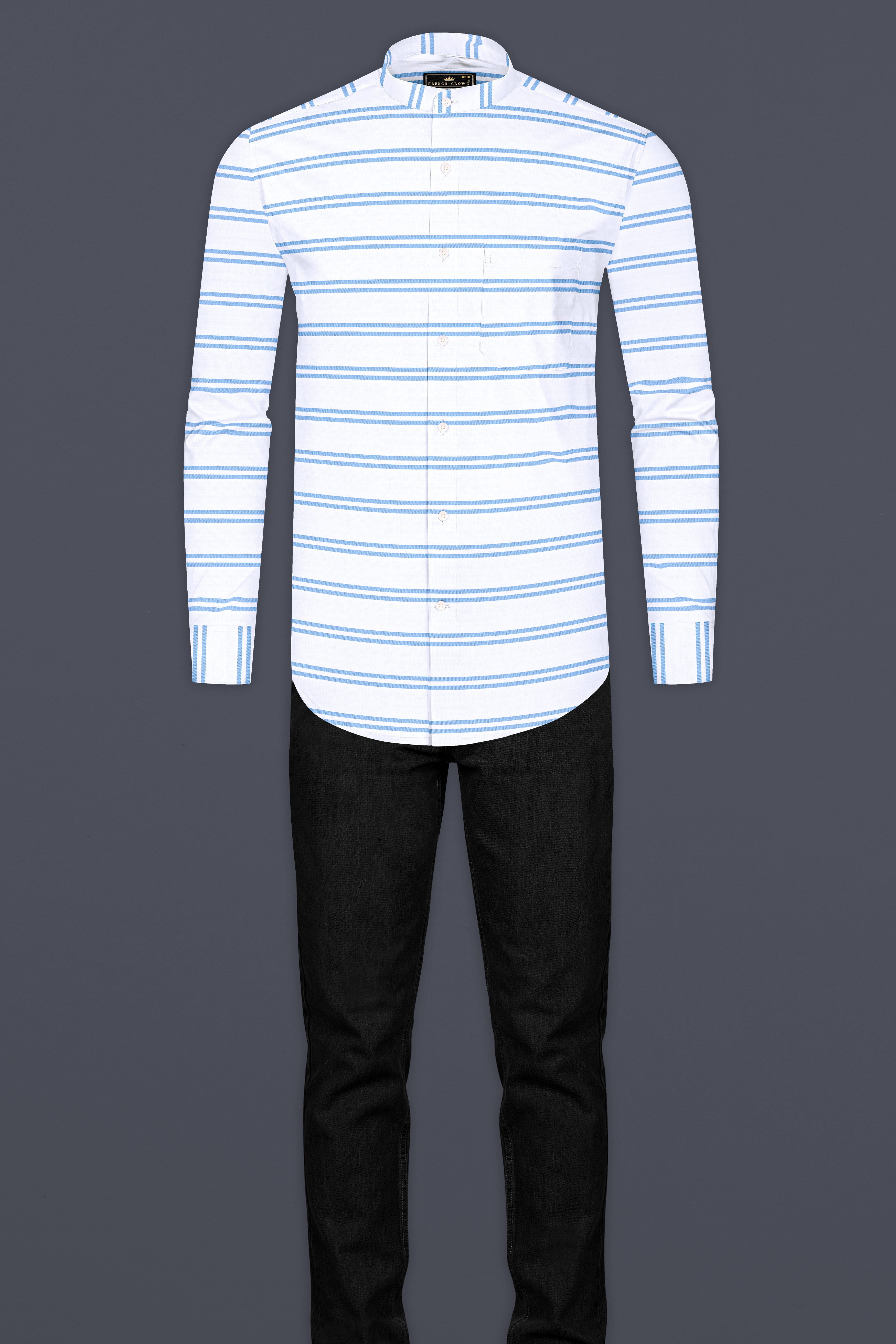 Bright White and Cornflower Blue Striped Dobby Textured Premium Giza Cotton Shirt