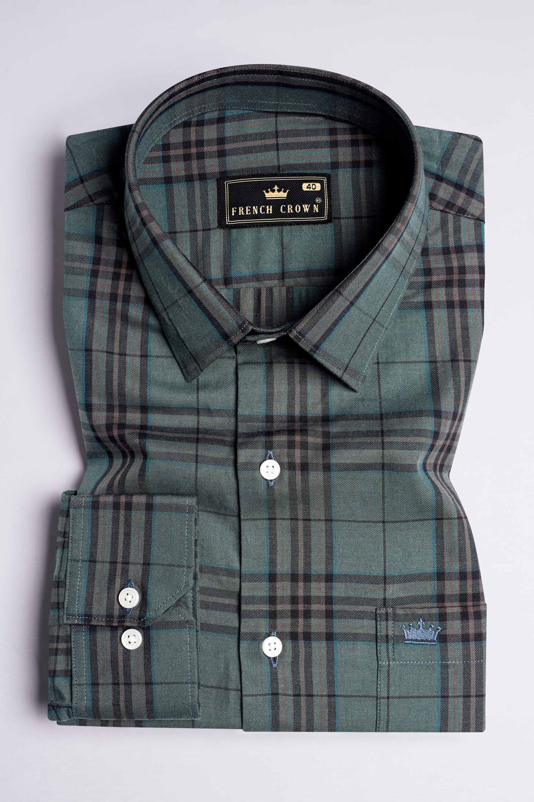 Bayoux Green with Onyx Black and Ferra Brown Twill Plaid Premium Cotton Shirt