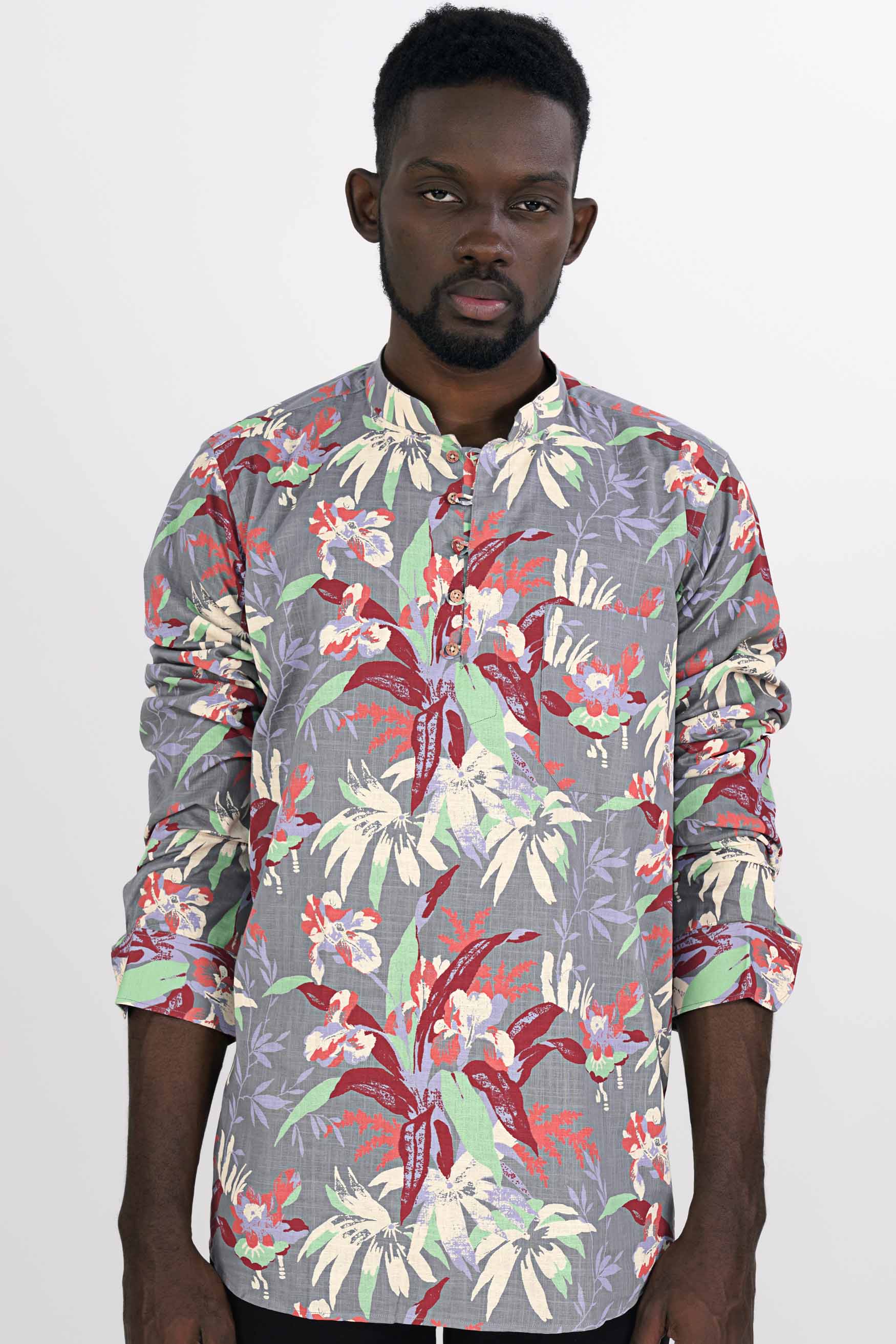 Nevada Gray with Espresso Red and Algae Green Leaves Printed Luxurious Linen Kurta Shirt