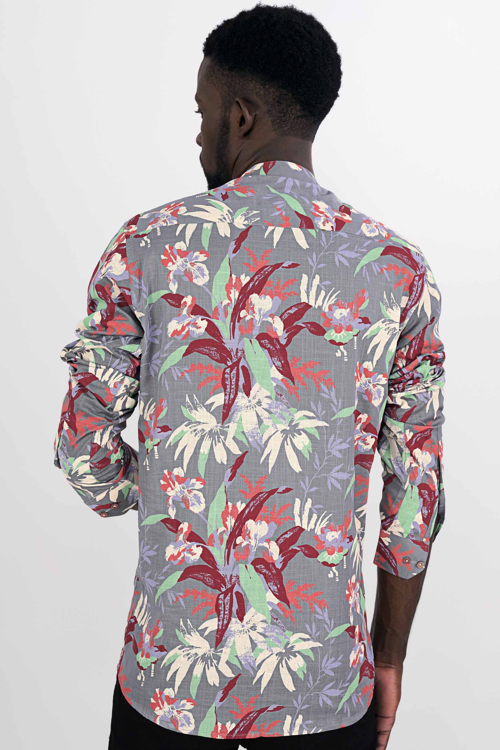 Nevada Gray with Espresso Red and Algae Green Leaves Printed Luxurious Linen Kurta Shirt