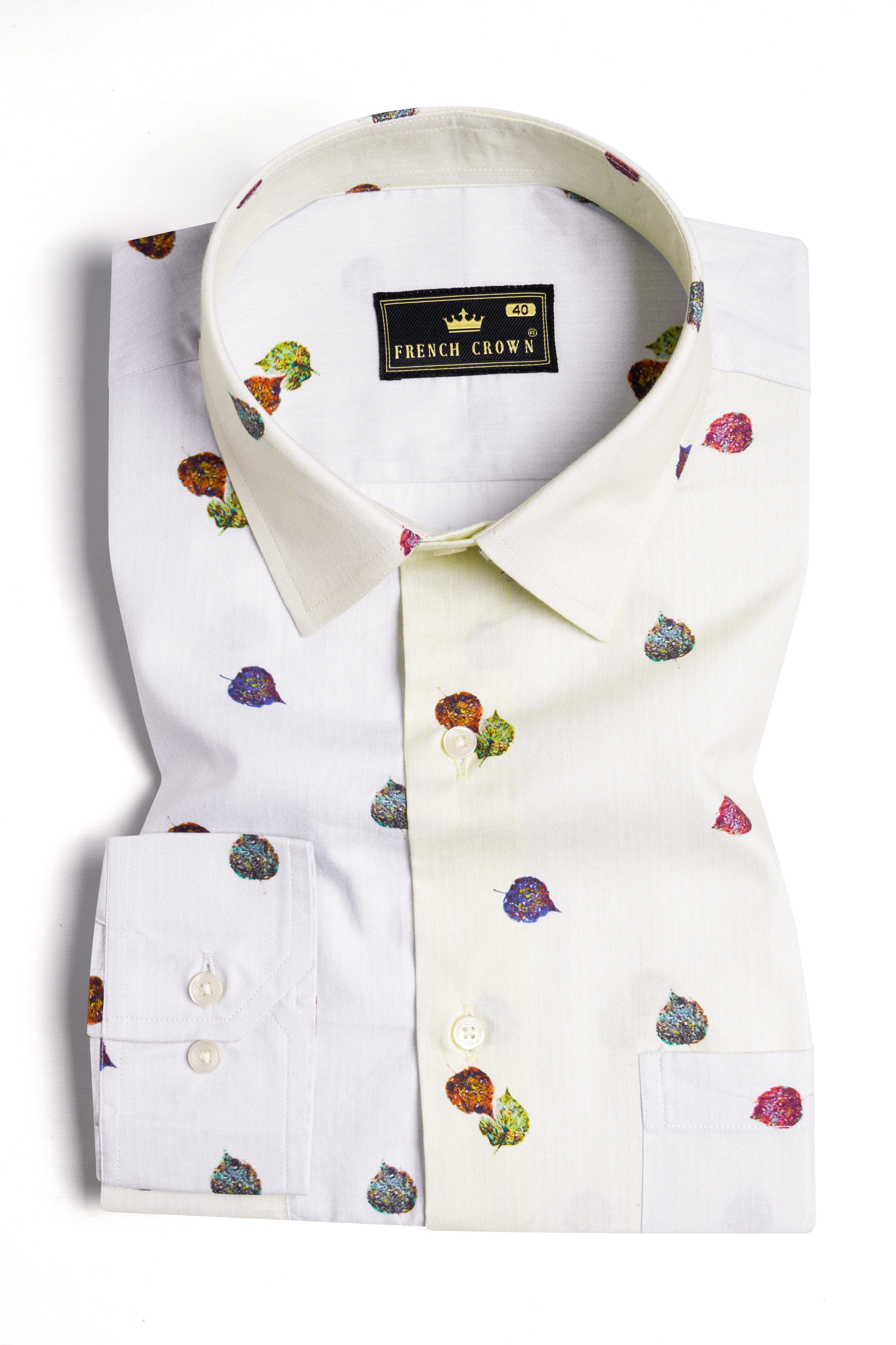 Half Bright White with Half Hampton Beige Leaves Printed Super Soft Premium Cotton Designer Shirt