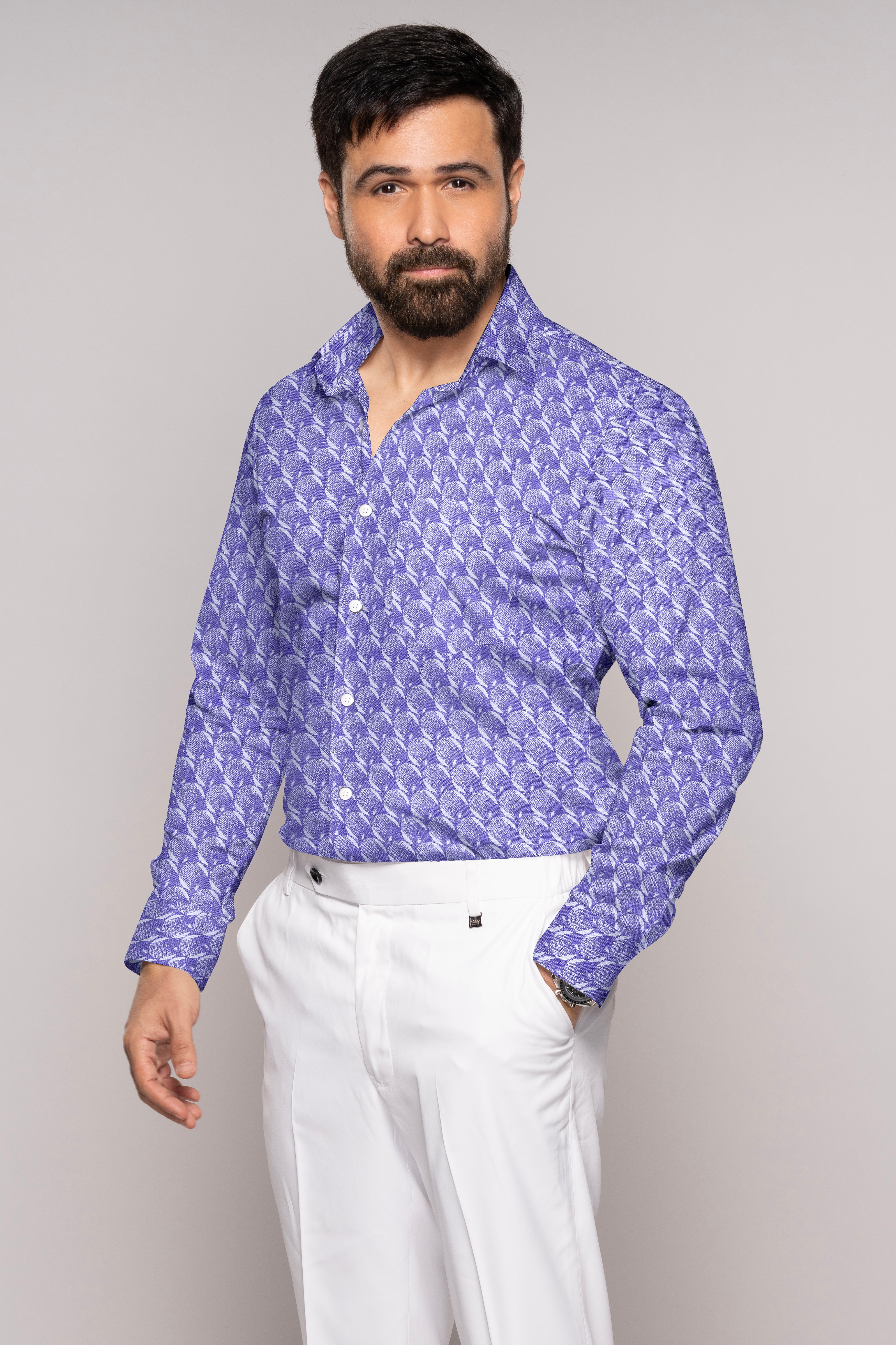 Iris Blue and White Jacquard Textured Premium Giza Cotton Shirt