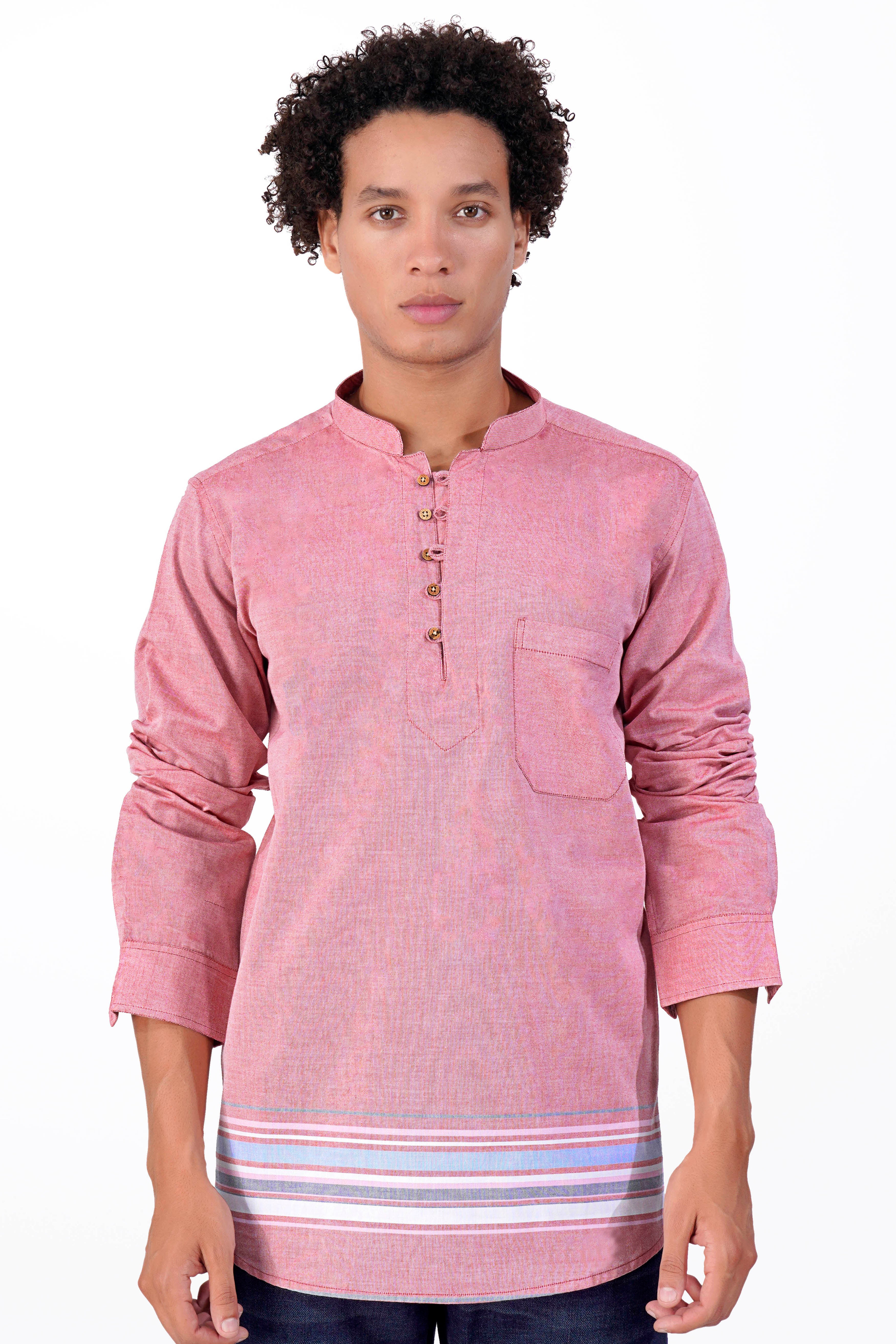 Thulian Pink Casual Stripes Premium Cotton Indian Kurta Style