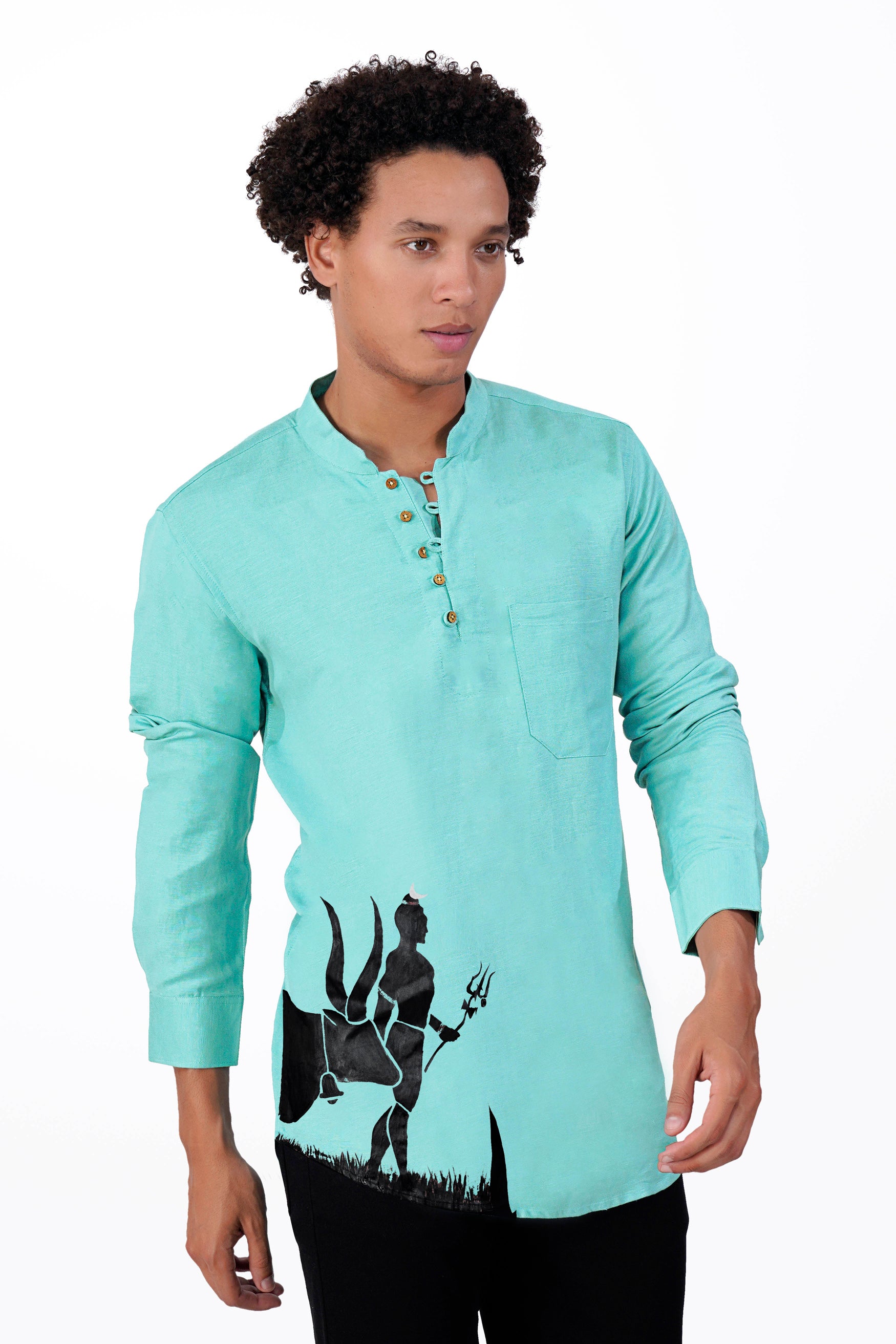Cyan Blue Lord Shiva and Nandi Hand Painted Luxurious Linen Designer Kurta Shirt