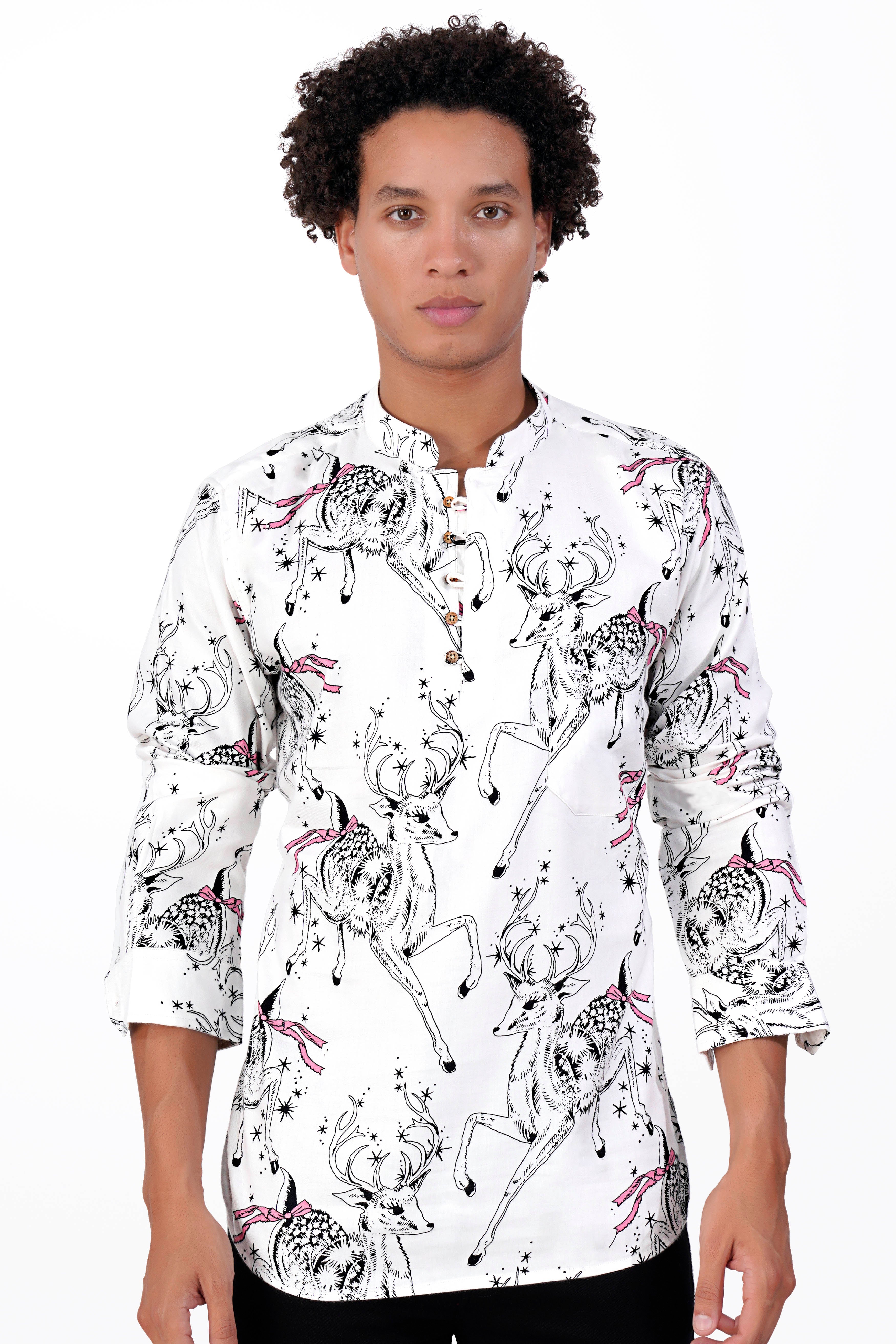 Bright White with Running Deer Printed Cotton Silk with Twill Blended Kurta Shirt