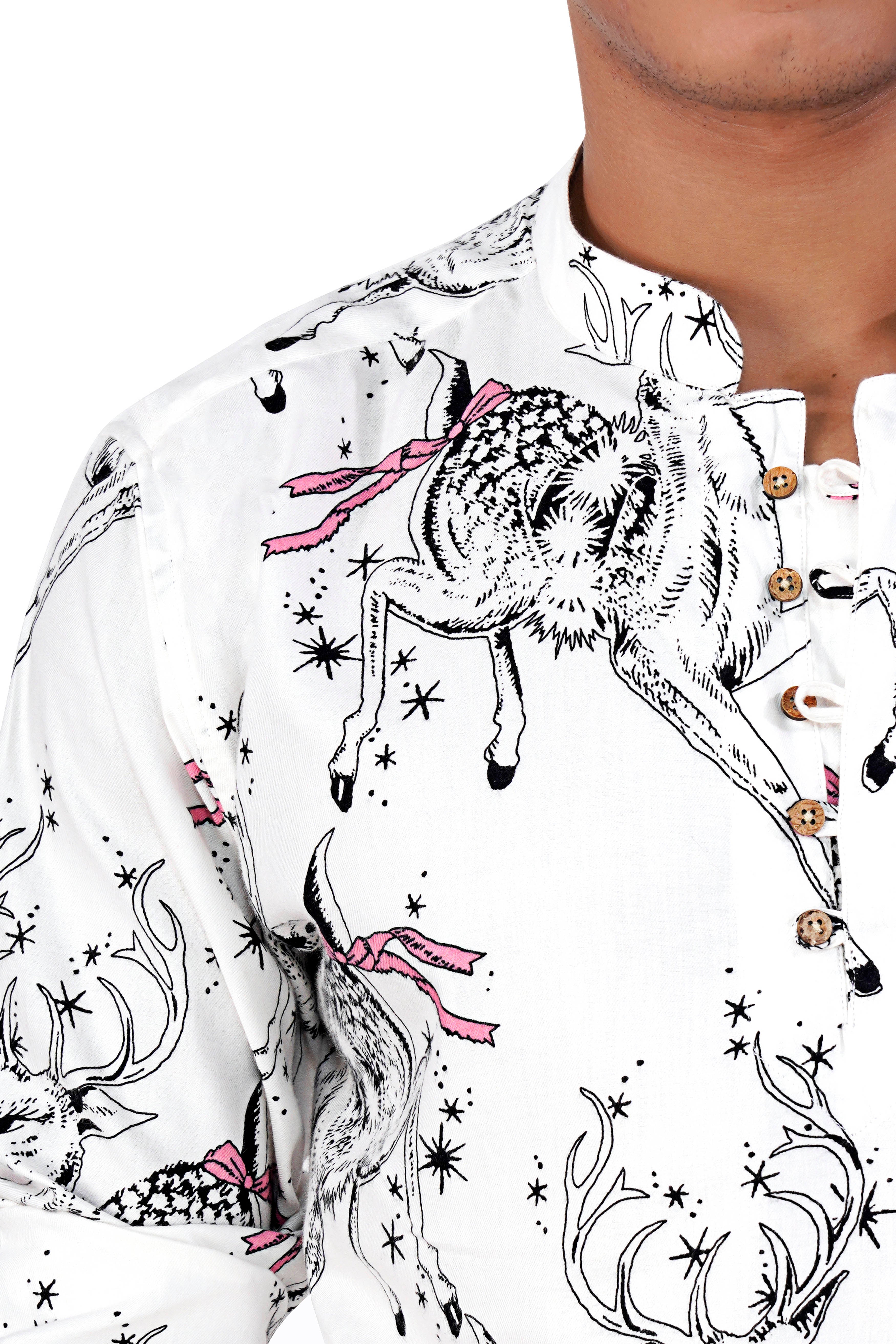 Bright White with Running Deer Printed Cotton Silk with Twill Blended Kurta Shirt