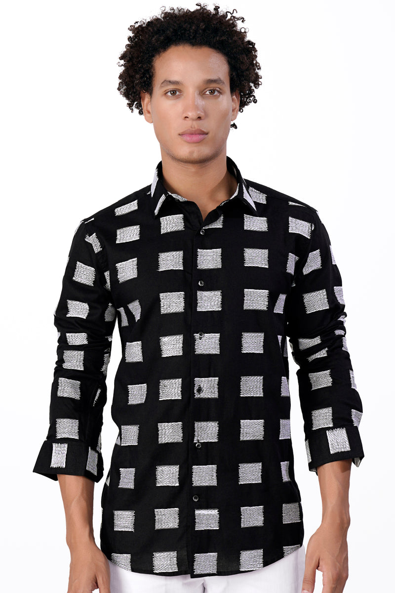 JADE BLACK WITH WHITE EMBROIDERED LUXURIOUS LINEN DESIGNER SHIRT
