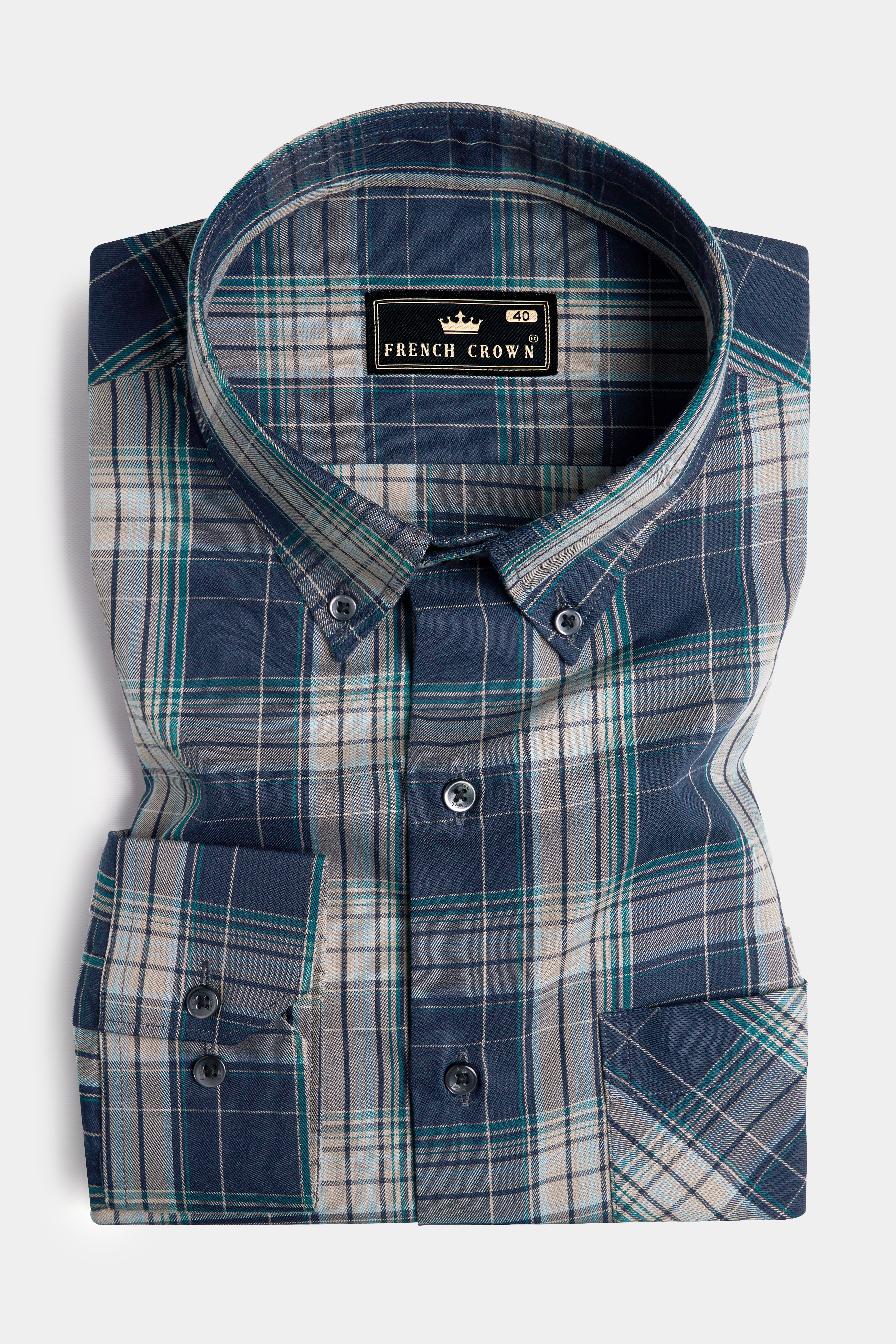 Ebony Clay Blue and Jour Cream Green Twill Plaid Premium Cotton Shirt