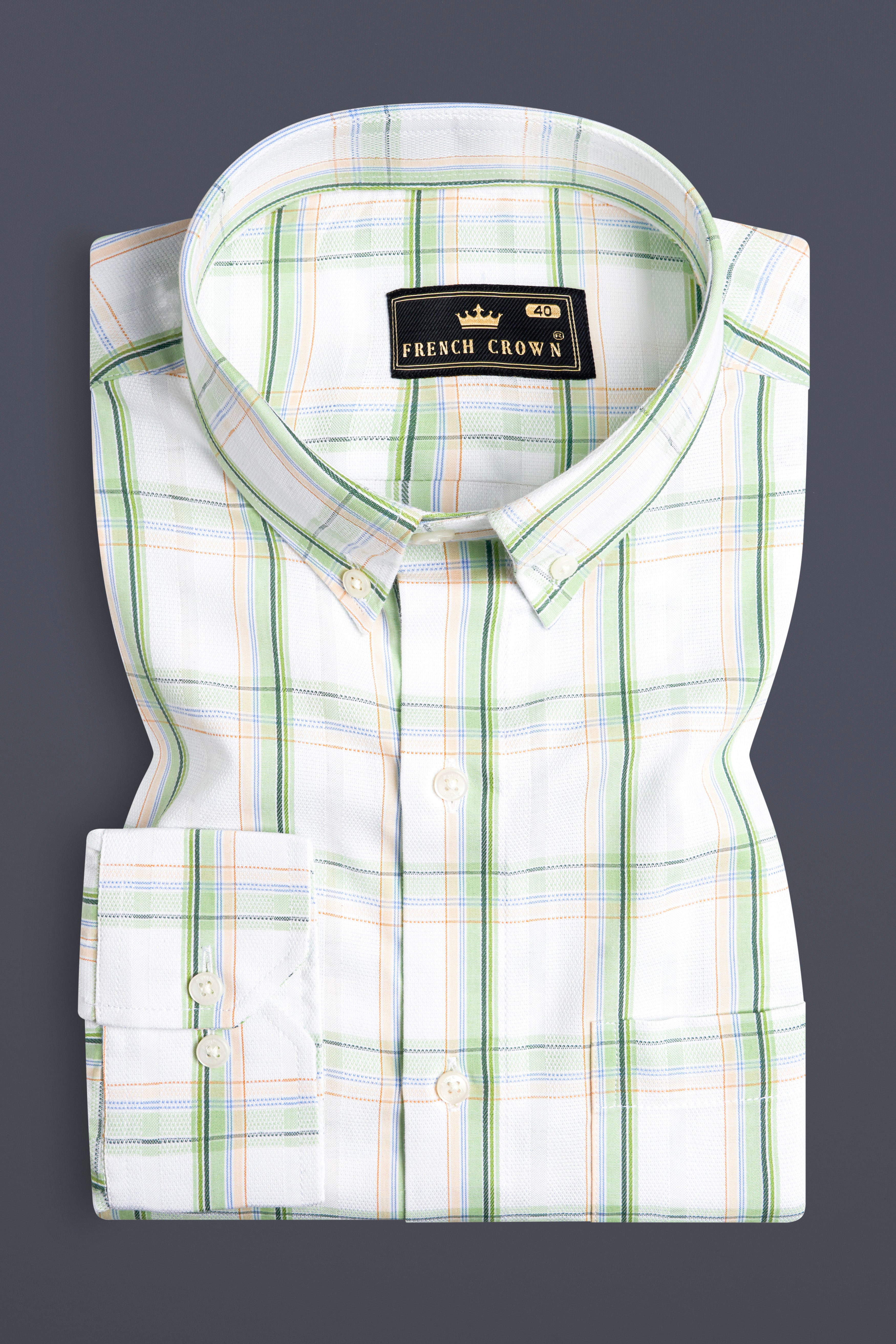 Bright White and Patina Green Plaid Dobby Textured Premium Giza Cotton Shirt