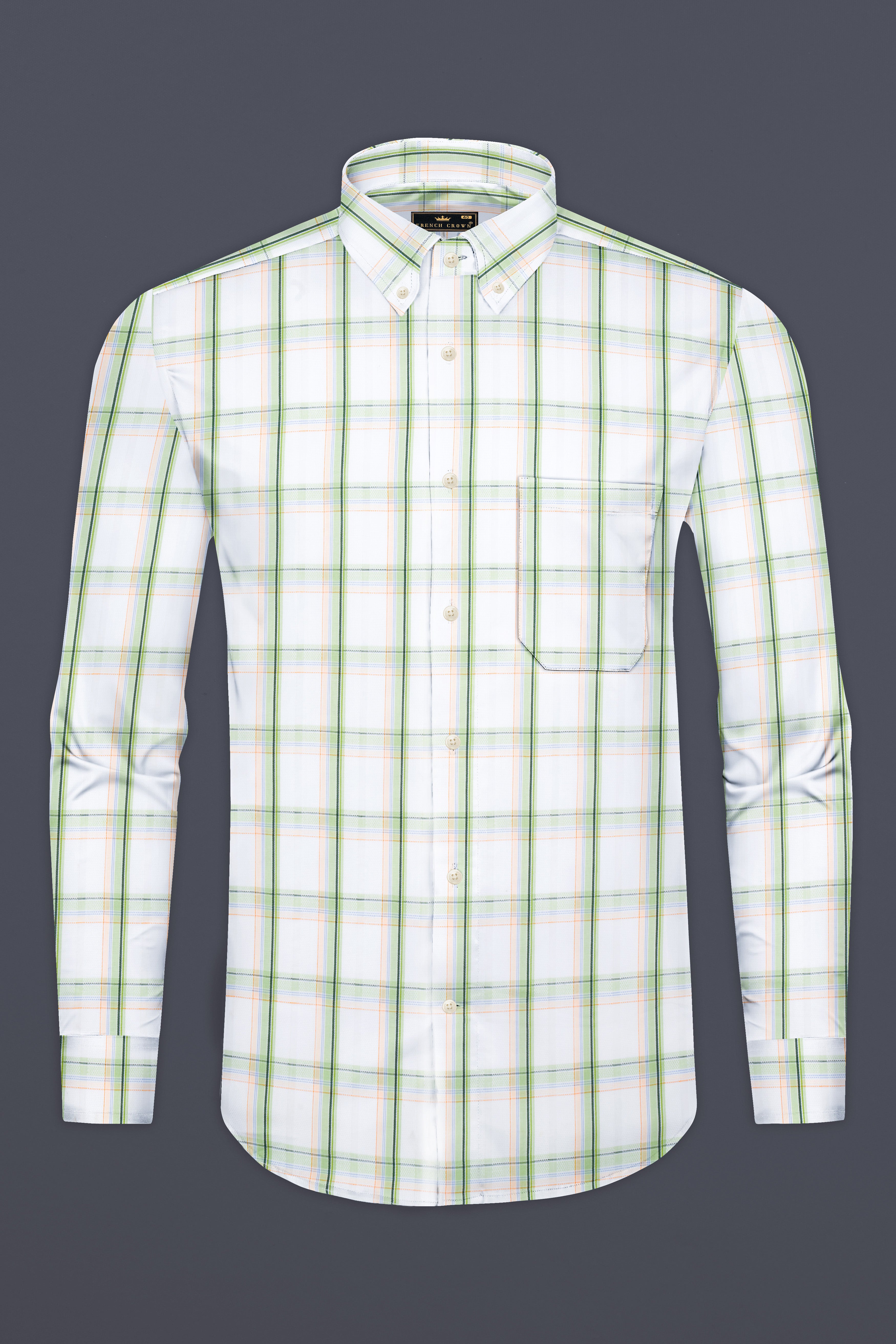 Bright White and Patina Green Plaid Dobby Textured Premium Giza Cotton Shirt