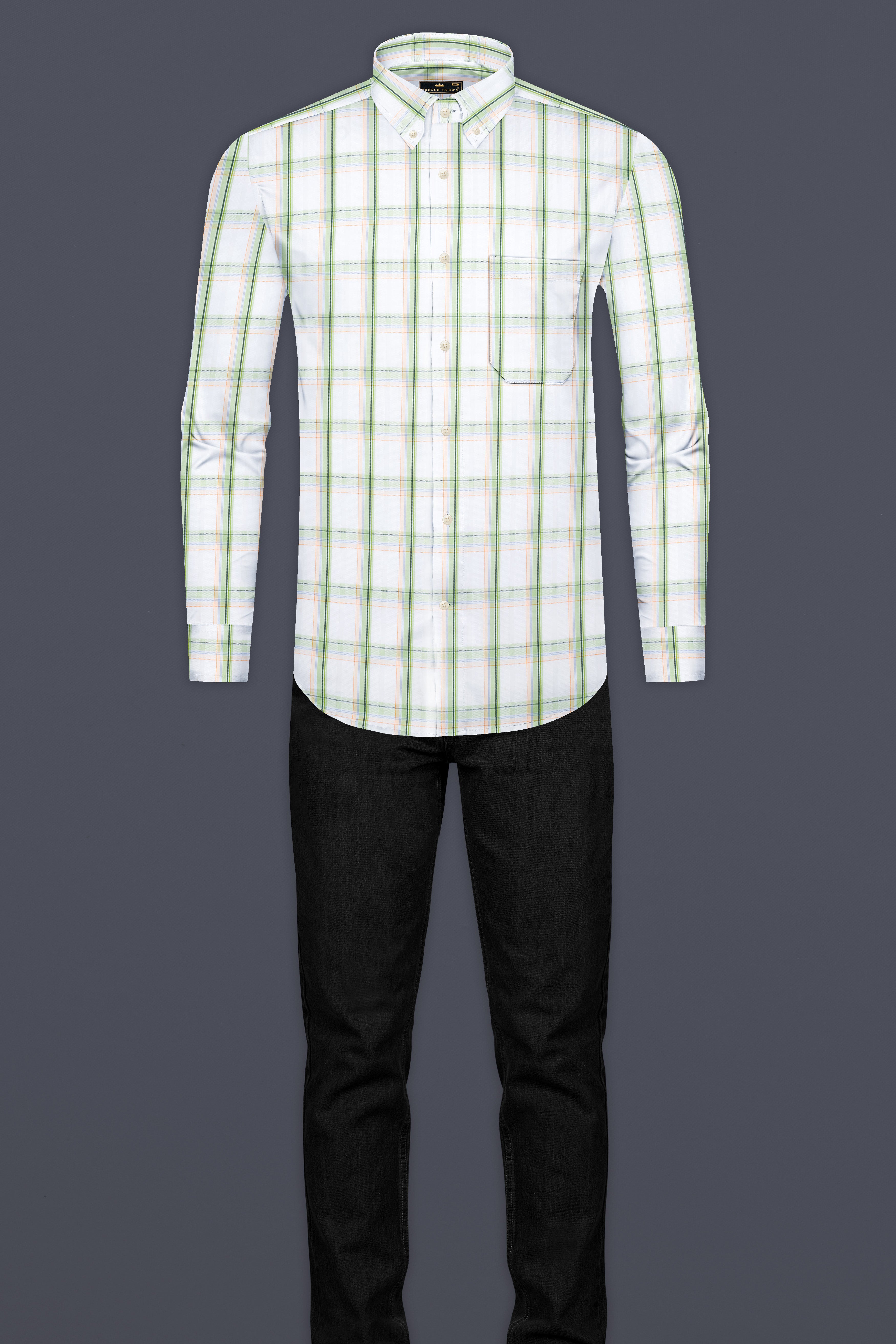 Bright White and Patina Green Plaid Dobby Textured Premium Giza Cotton Shirt