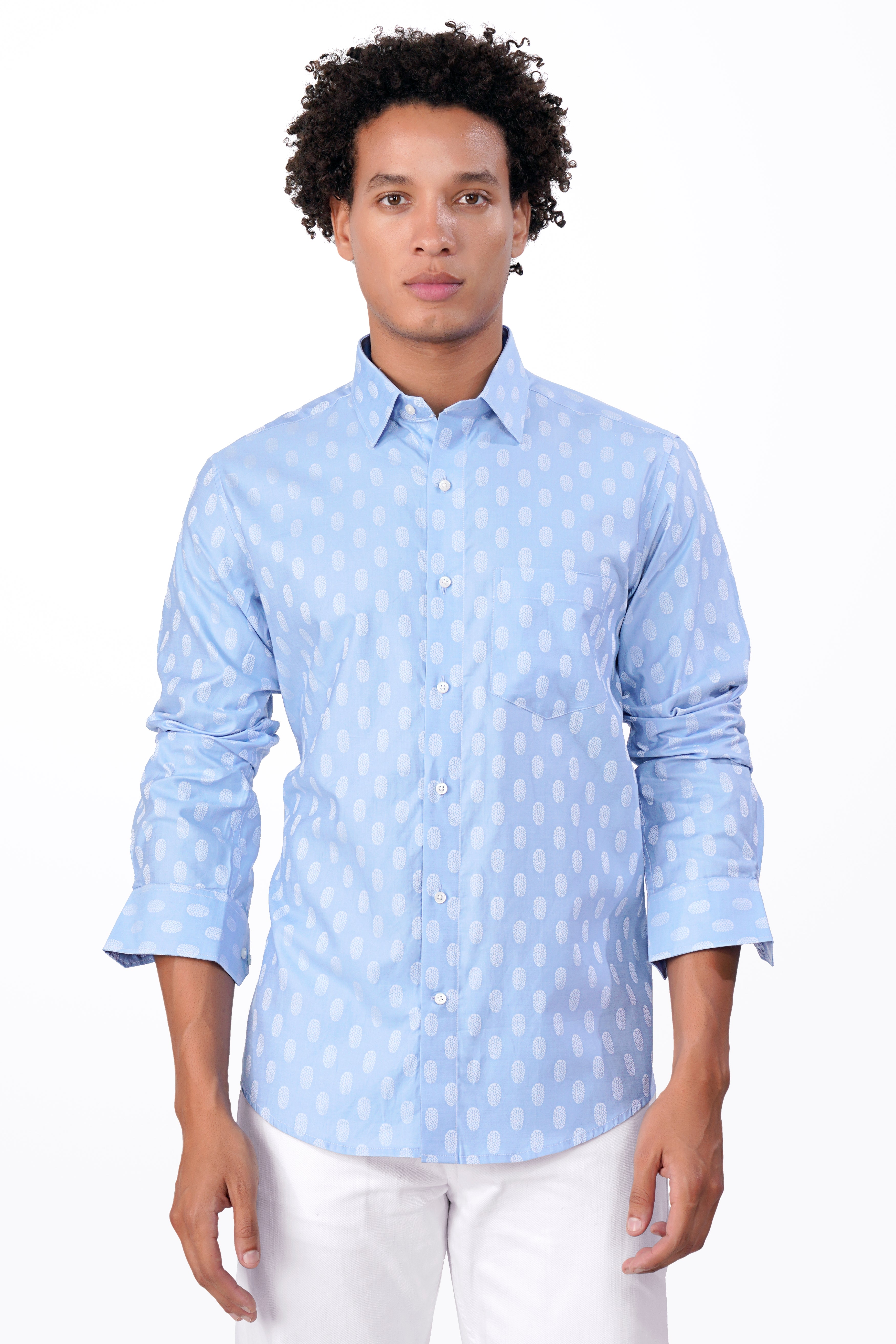 Cerulean Blue Oval Jacquard Textured Premium Giza Cotton Shirt