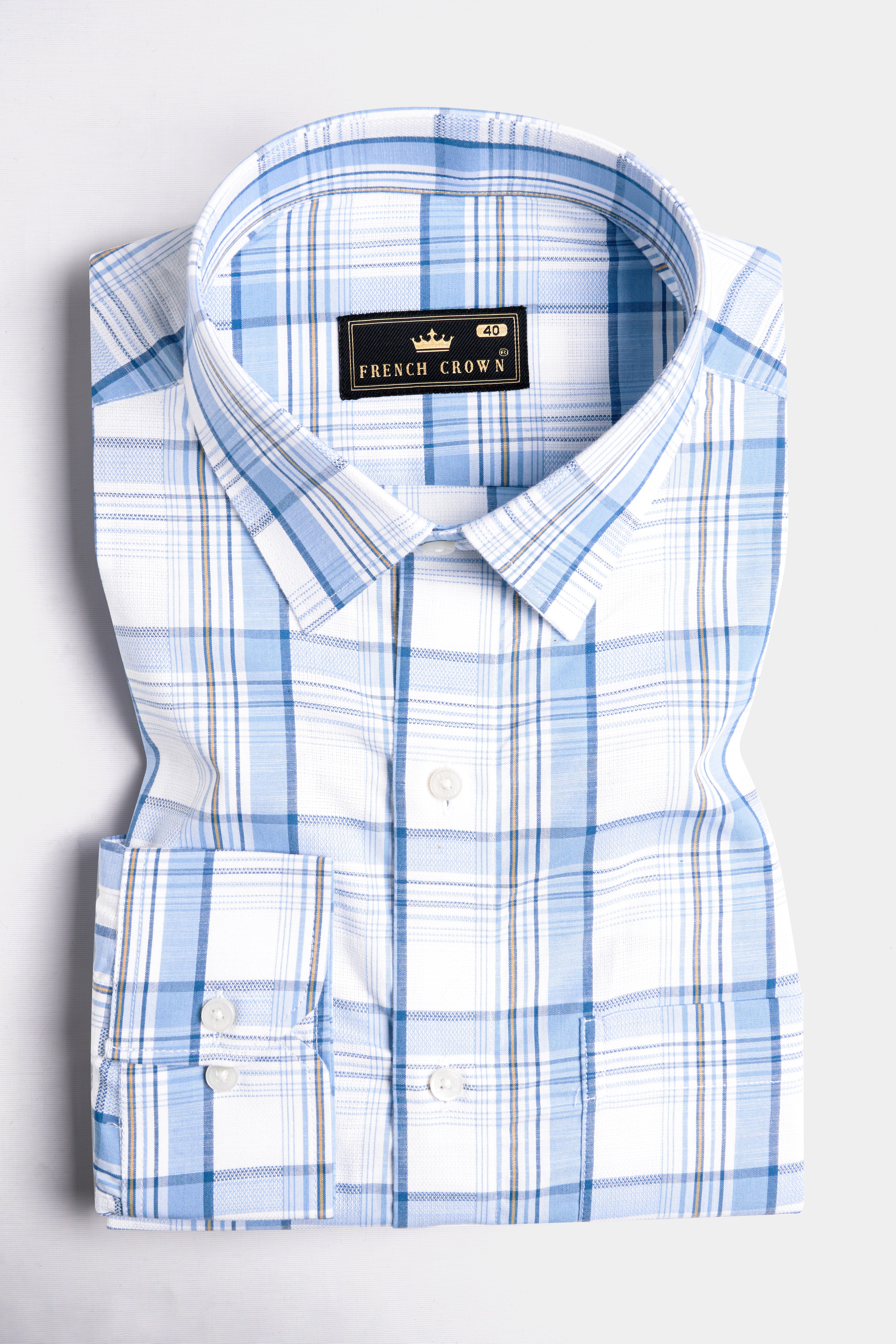 Bright White and Cerulean Blue Plaid Dobby Textured Premium Giza Cotton Shirt