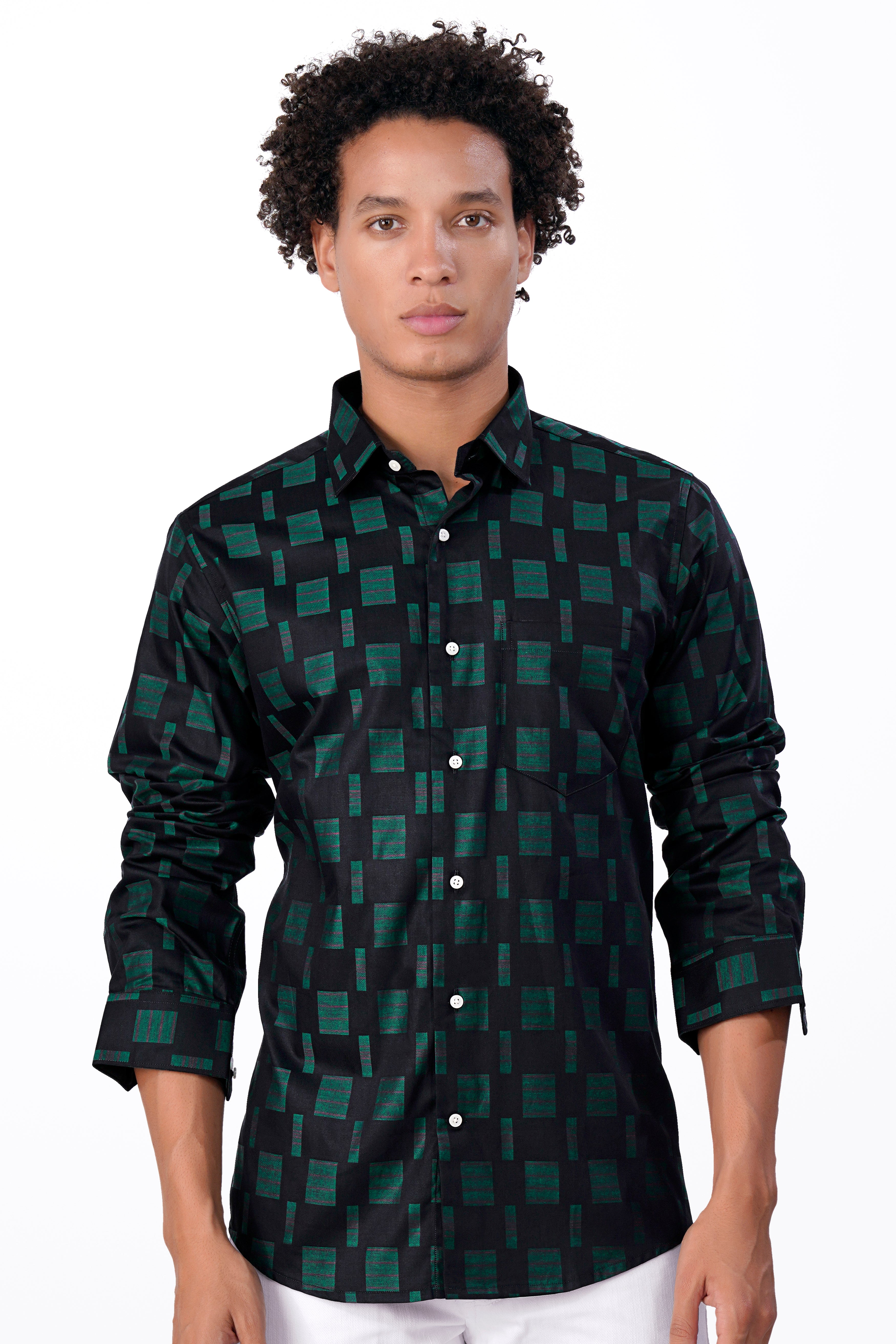 Jade Black and Gable Green Jacquard Textured Premium Giza Cotton Shirt