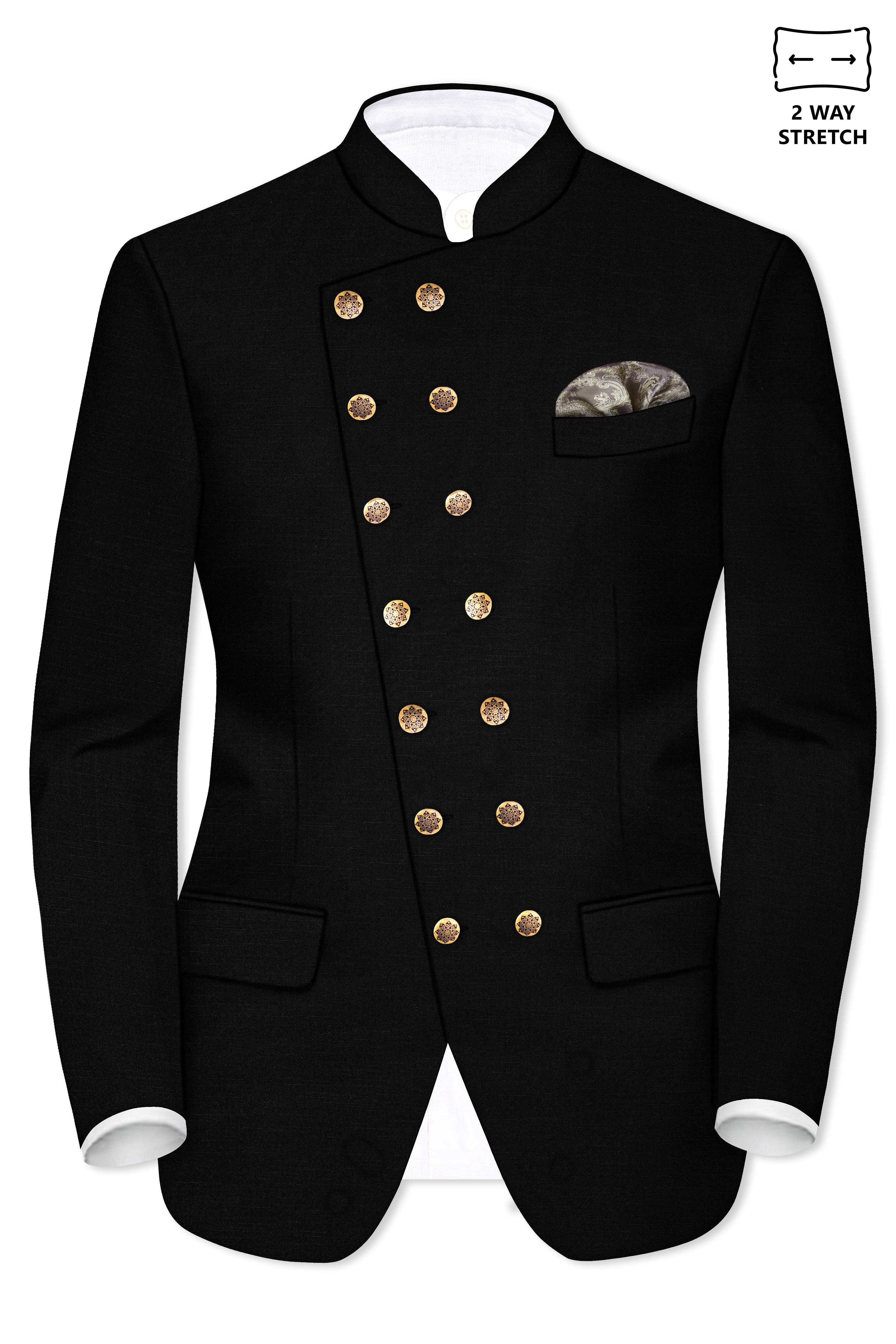 Jade Black Stretchable Subtle Sheen Cross Placket Double Closure Bandhgala/Mandarin Suit