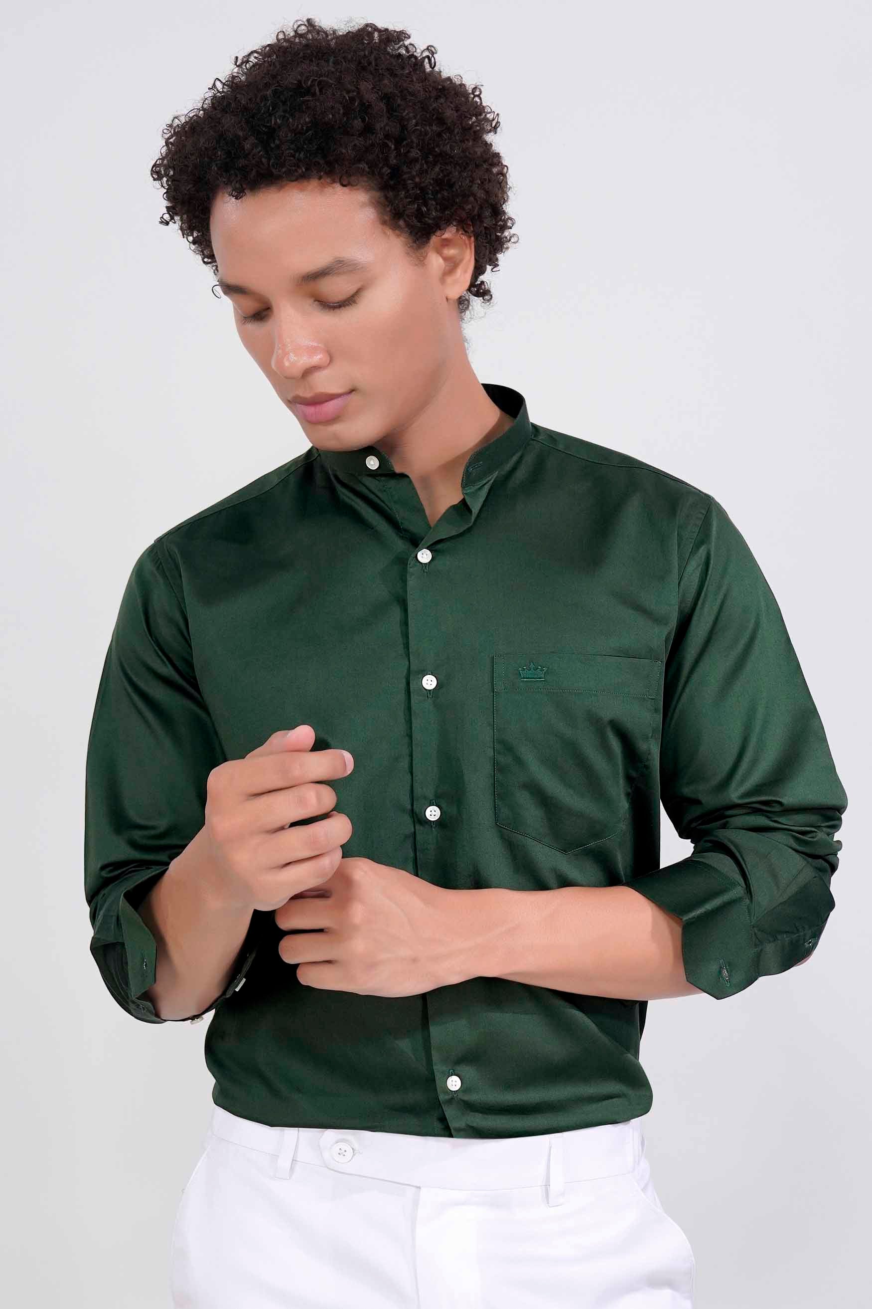 Everglade Green Subtle Sheen Super  Soft Premium Cotton Mandarin Shirt