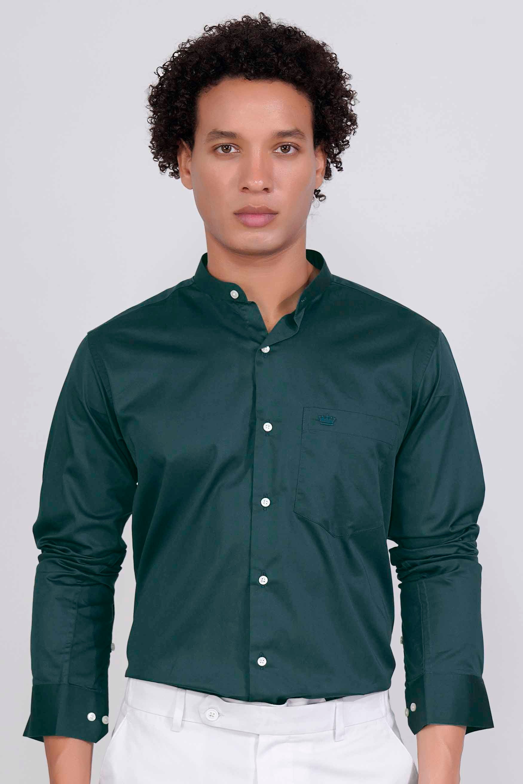 Dark Slate Green Subtle Sheen Super  Soft Premium Cotton Mandarin Shirt