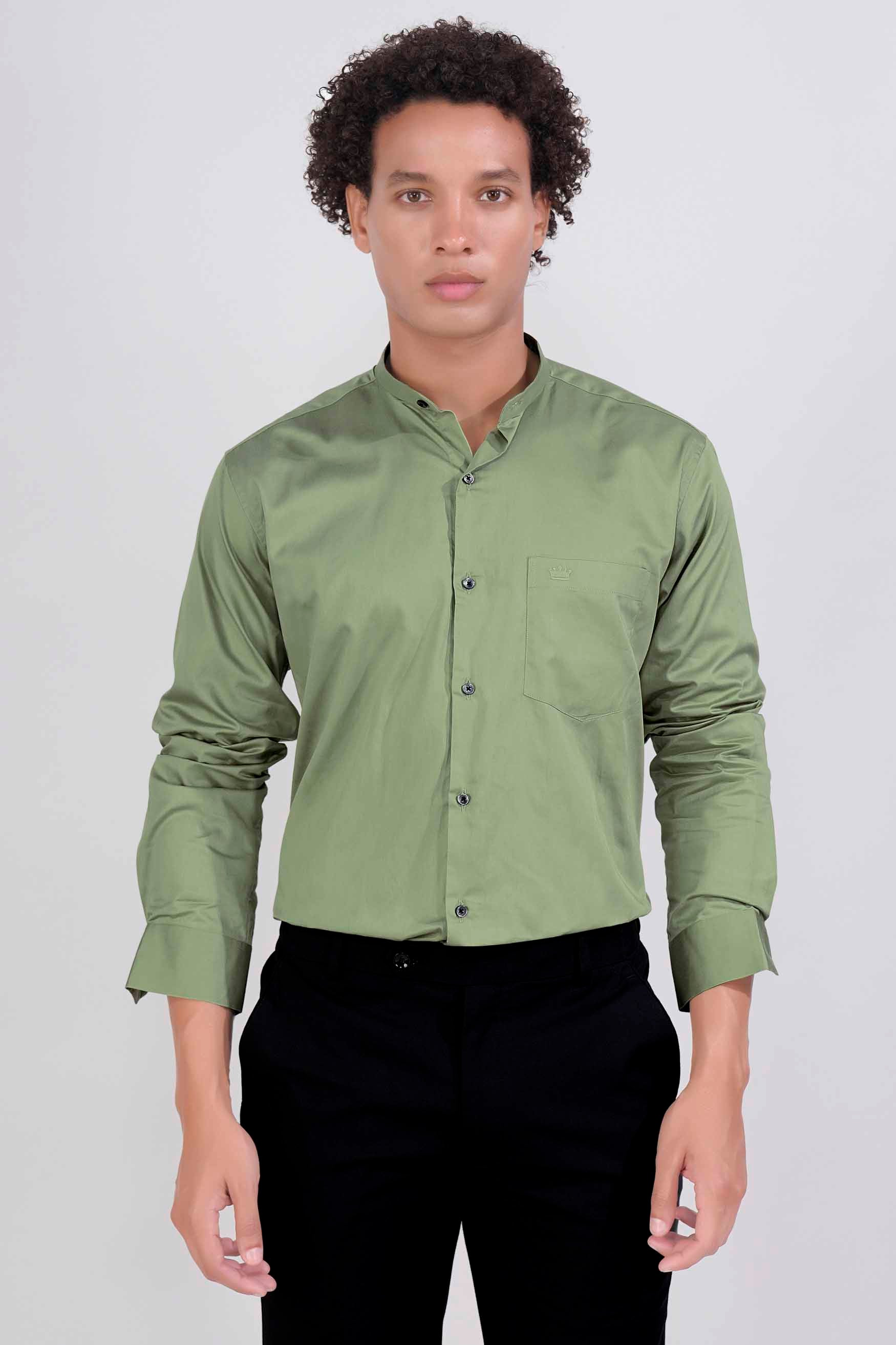 Pale Oyster Green Subtle Sheen Super Soft Premium Cotton Mandarin Shirt