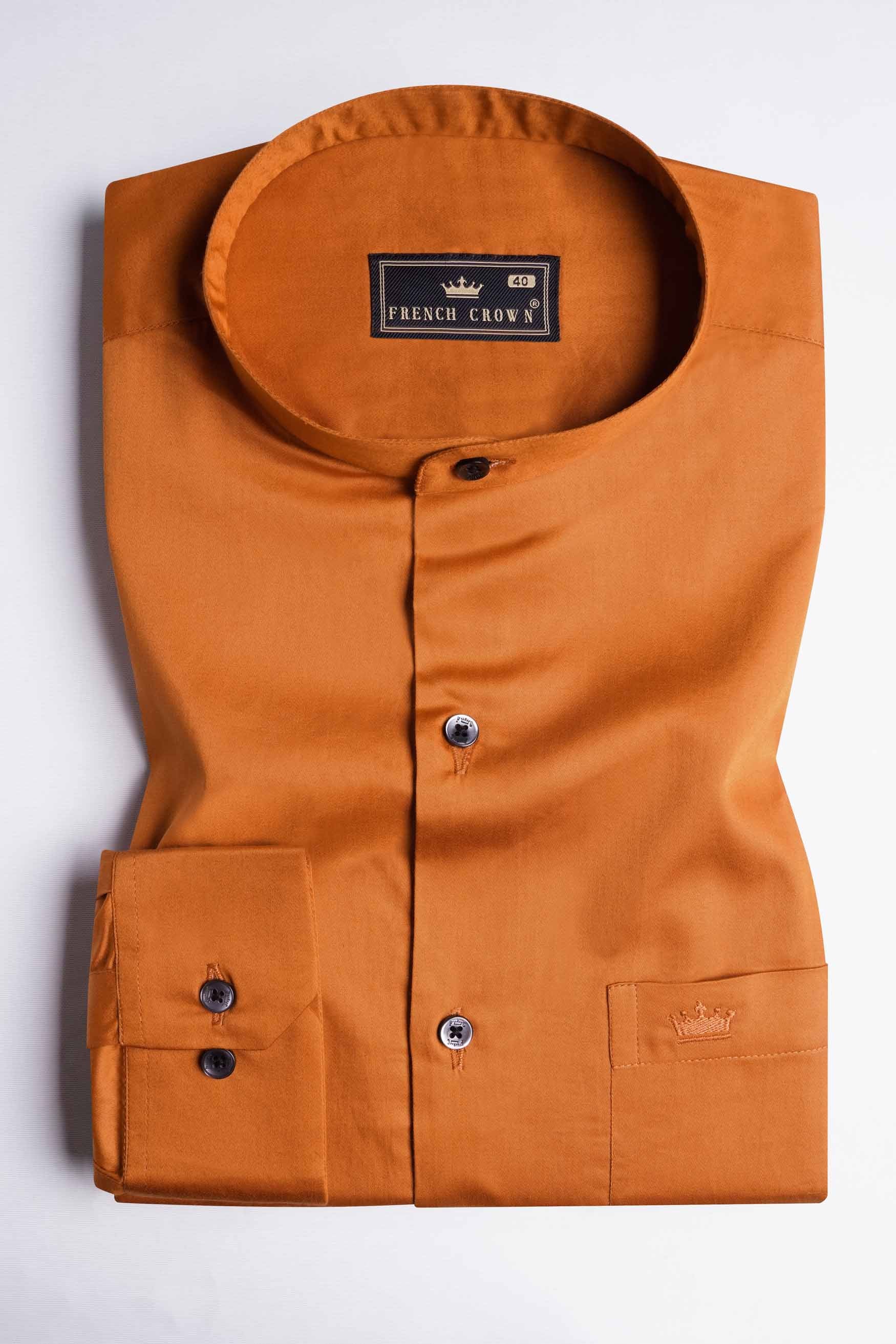 Raw Sienna Orange Subtle Sheen Super Soft Premium Cotton Mandarin Shirt