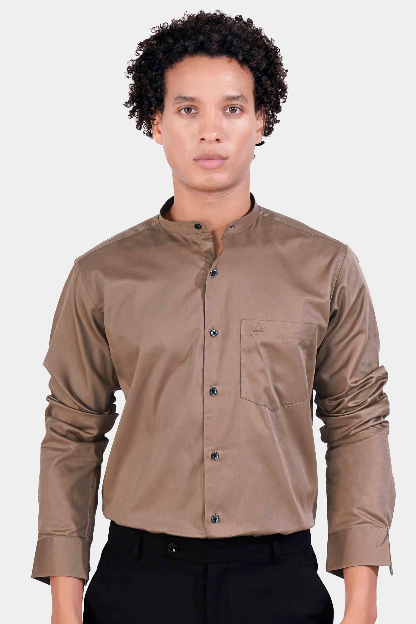 Taupe Brown Subtle Sheen Super Soft Premium Cotton Mandarin Shirt