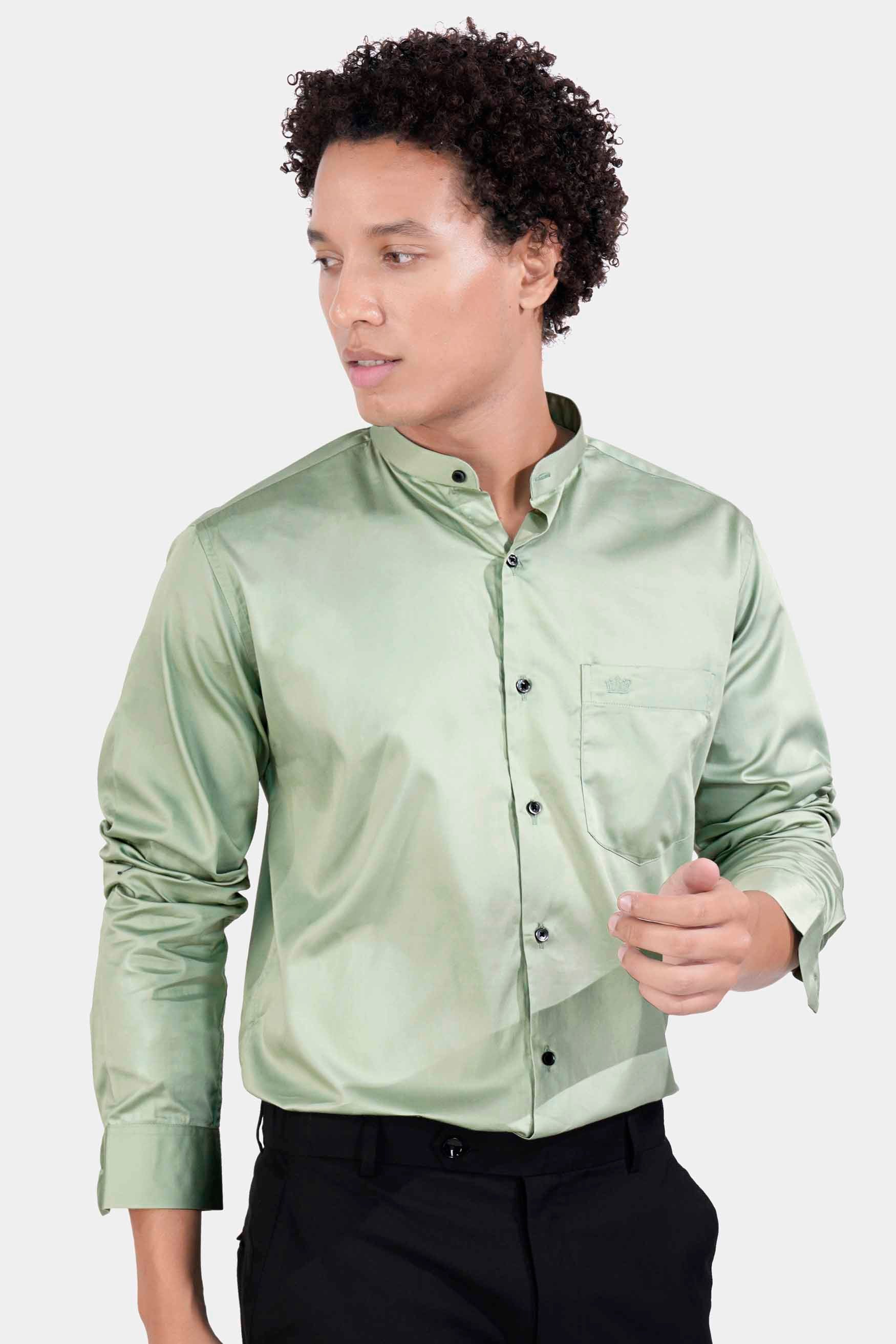 Laurel Green Subtle Sheen Super Soft Premium Cotton Mandarin Shirt