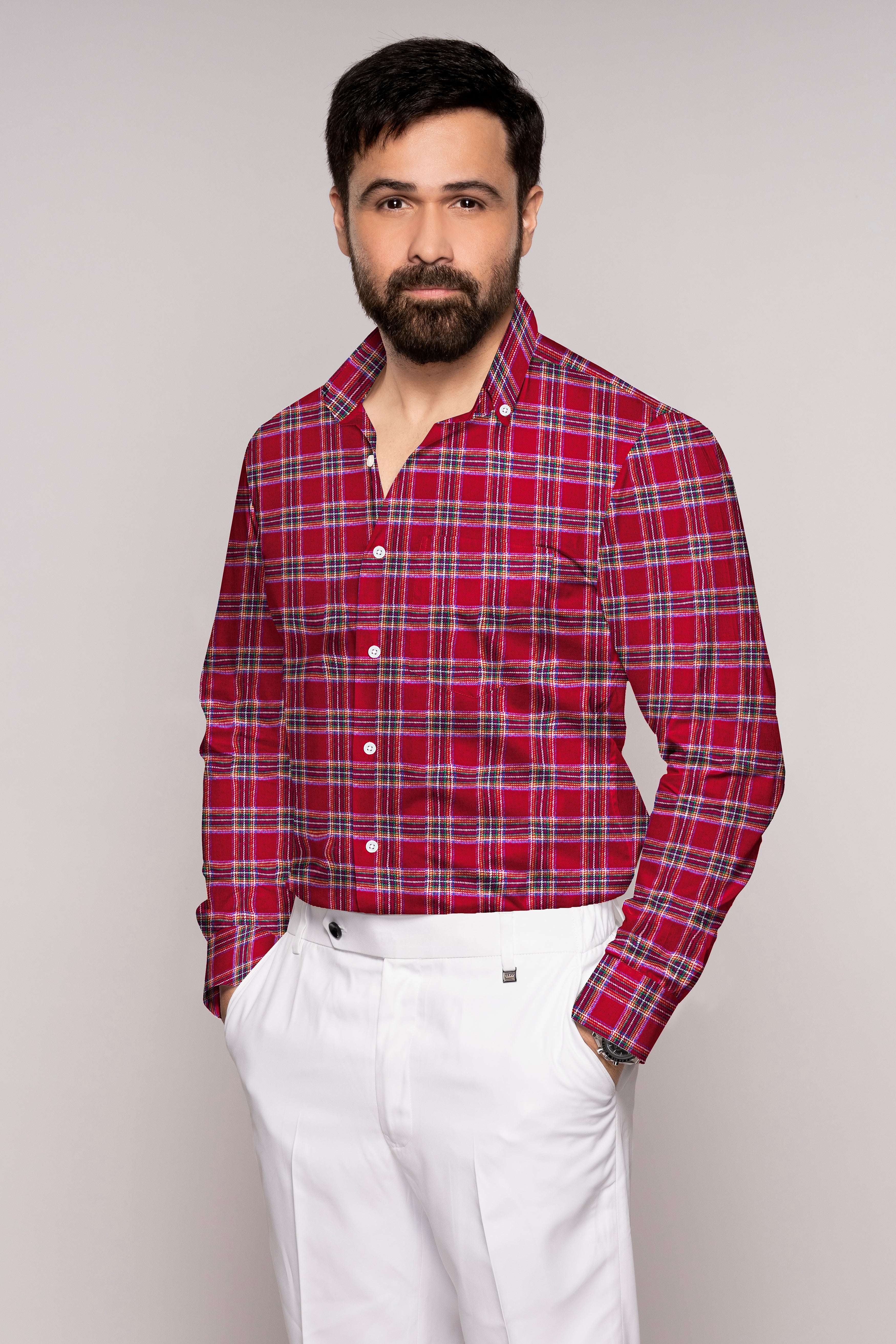 Shiraz Red with Mariner Blue Plaid Flannel Button Down Shirt
