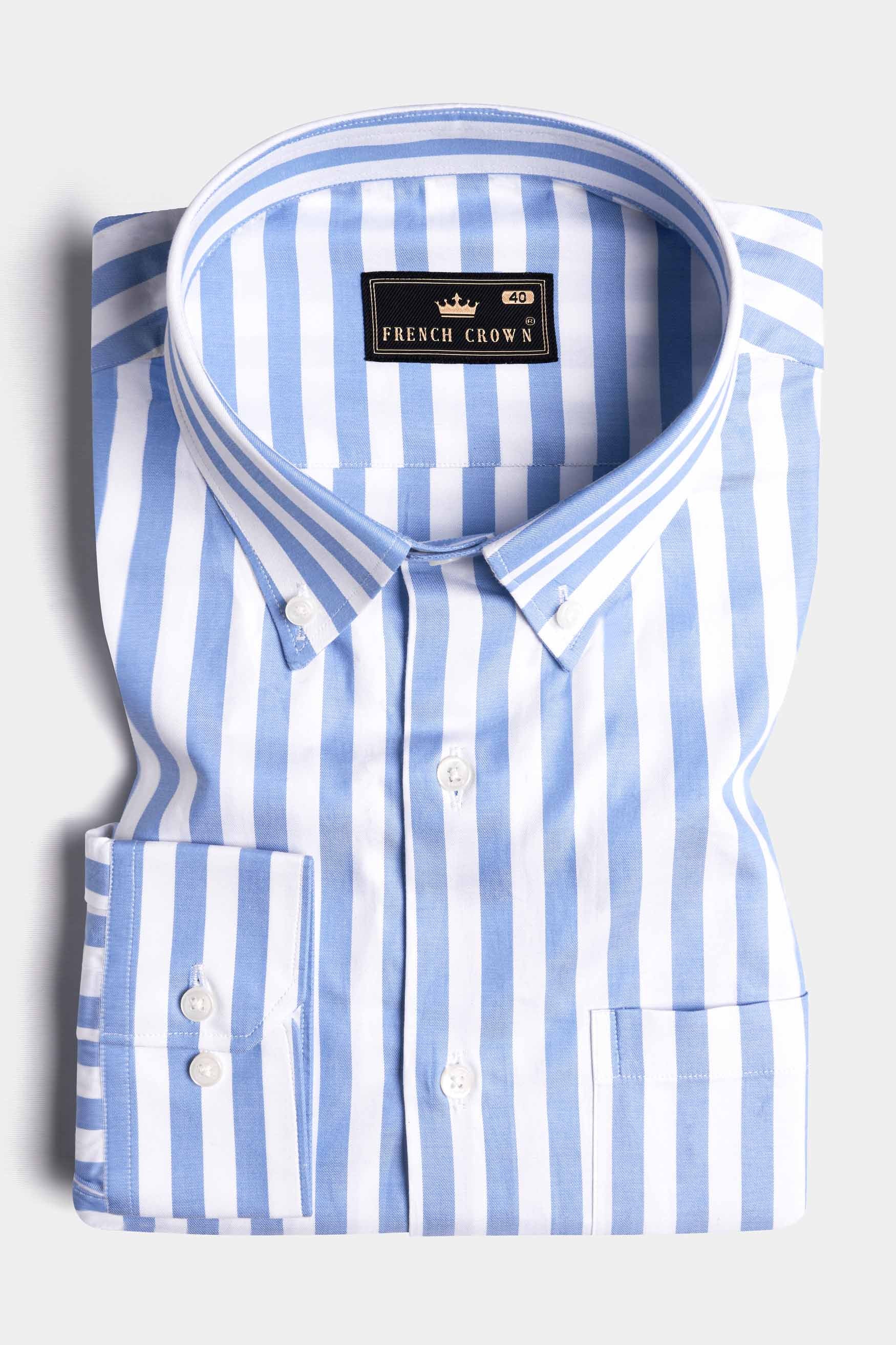 Bright White with Alaskan Blue Striped Twill Premium Cotton Shirt