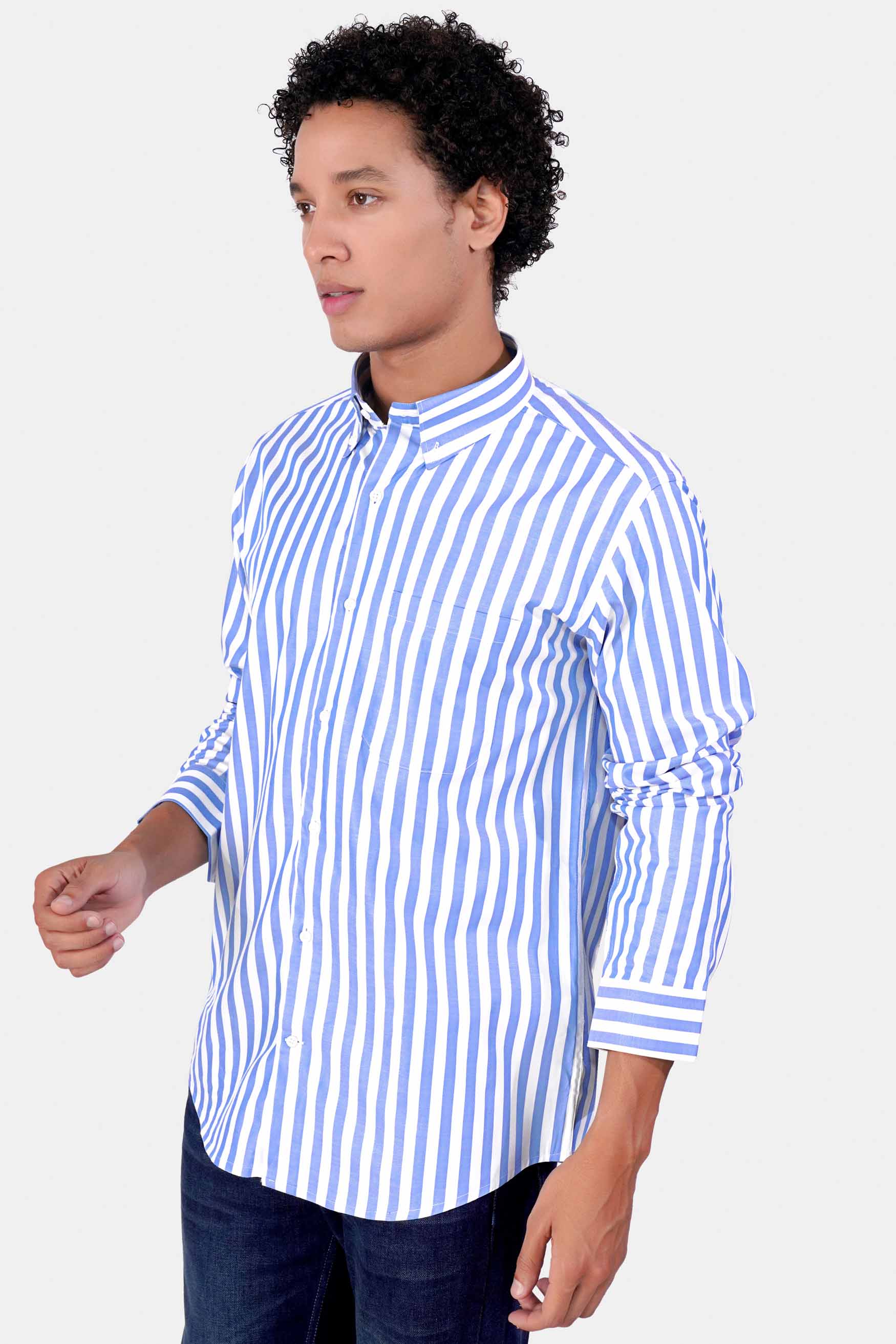 Bright White with Alaskan Blue Striped Twill Premium Cotton Shirt