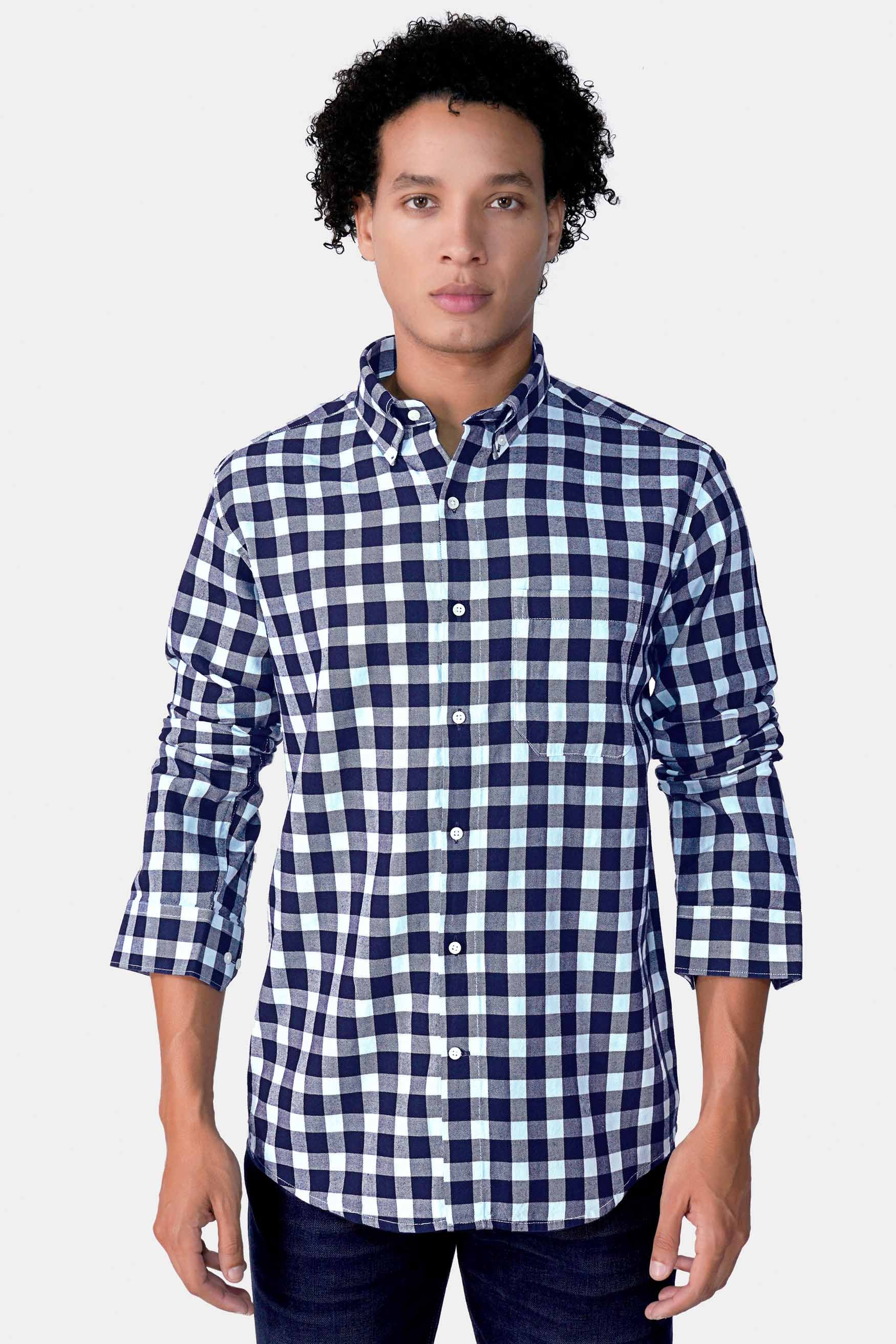 Cinder and Platinum Blue Gingham Checkered Flannel Button Down Shirt