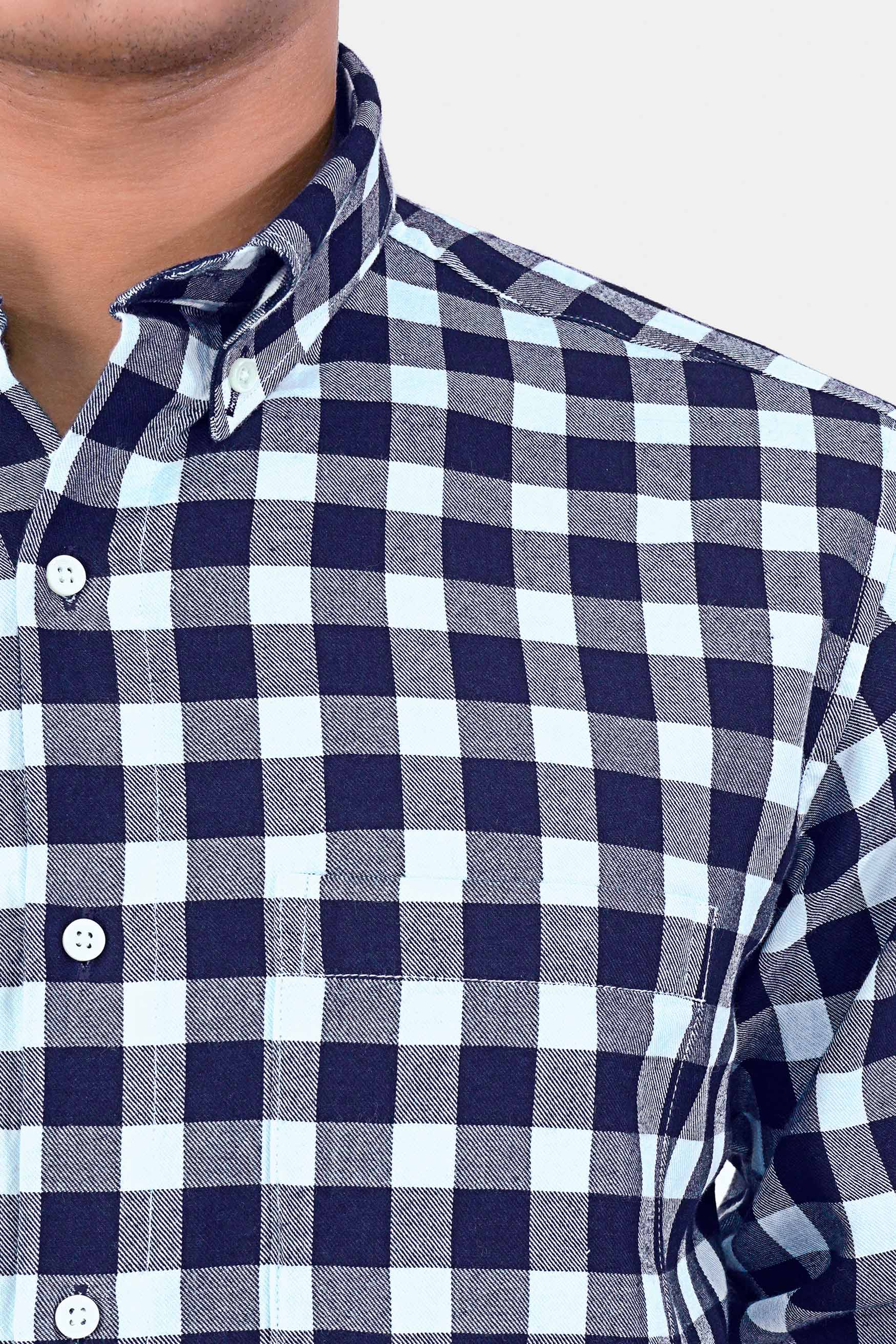 Cinder and Platinum Blue Gingham Checkered Flannel Button Down Shirt