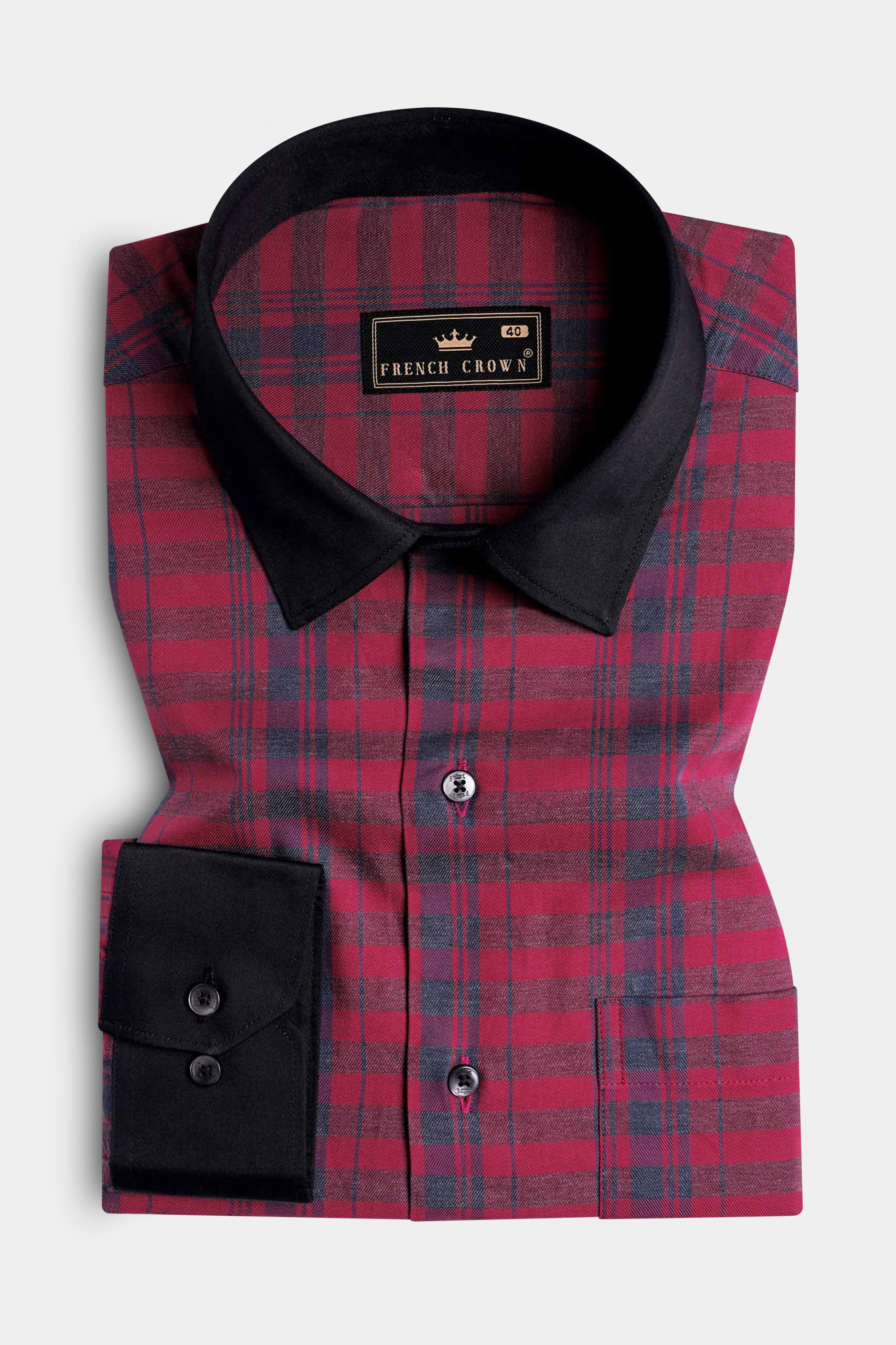 CLARET RED TWILL CHECKERED WITH BLACK CUFFS AND COLLAR PREMIUM COTTON SHIRT