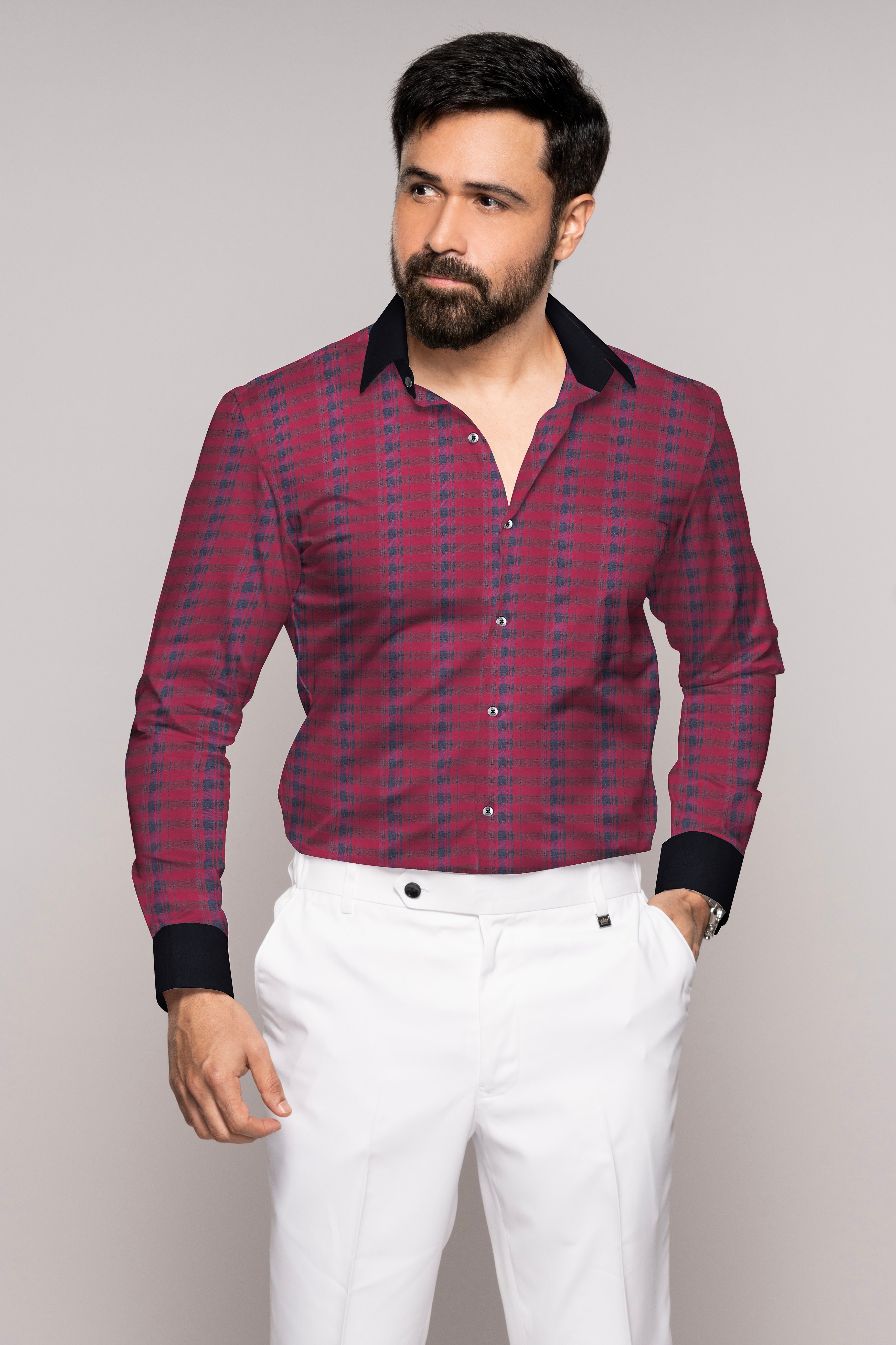 CLARET RED TWILL CHECKERED WITH BLACK CUFFS AND COLLAR PREMIUM COTTON SHIRT