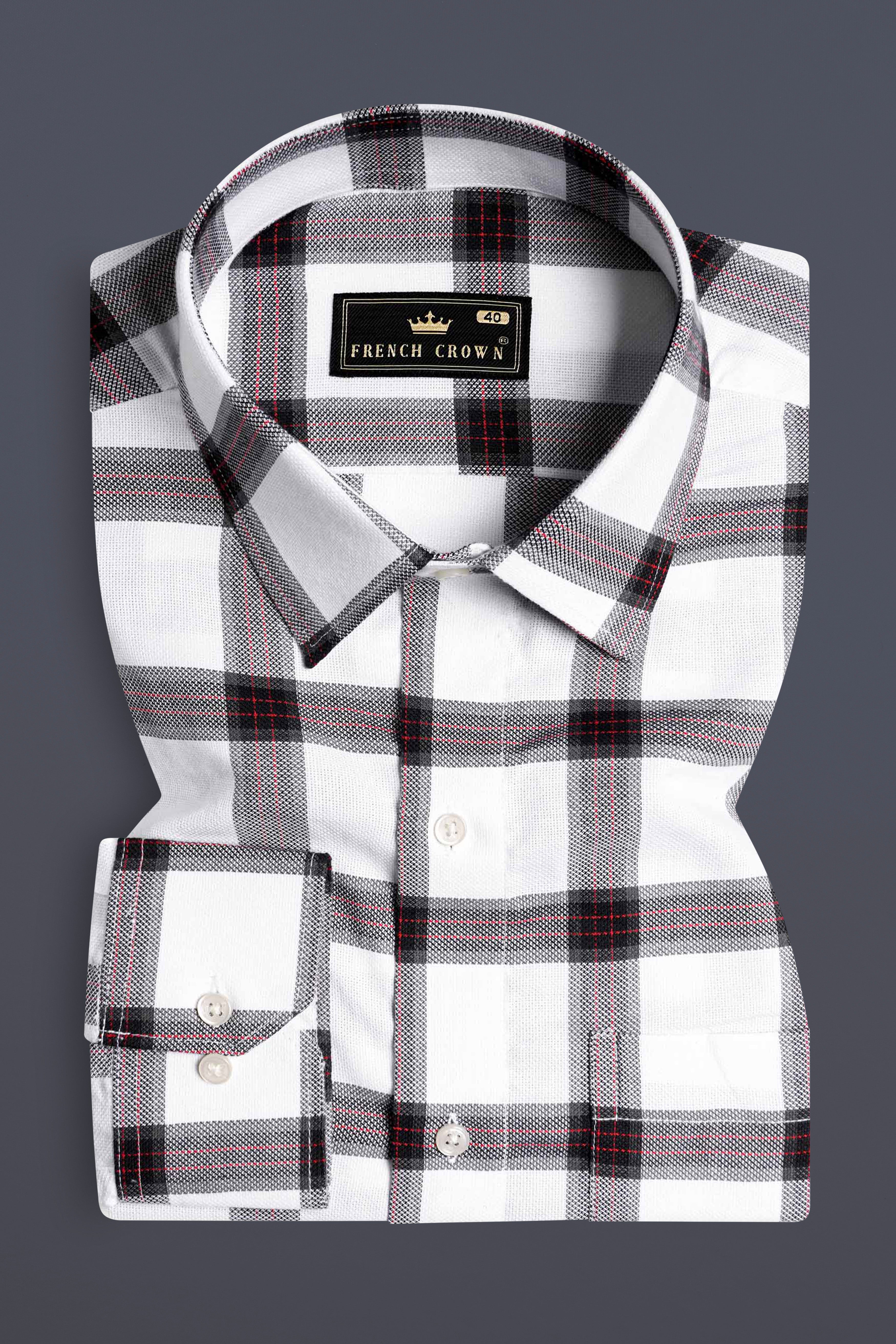 Bright White with Cornell Red and Black Plaid Dobby Textured Premium Giza Cotton Shirt