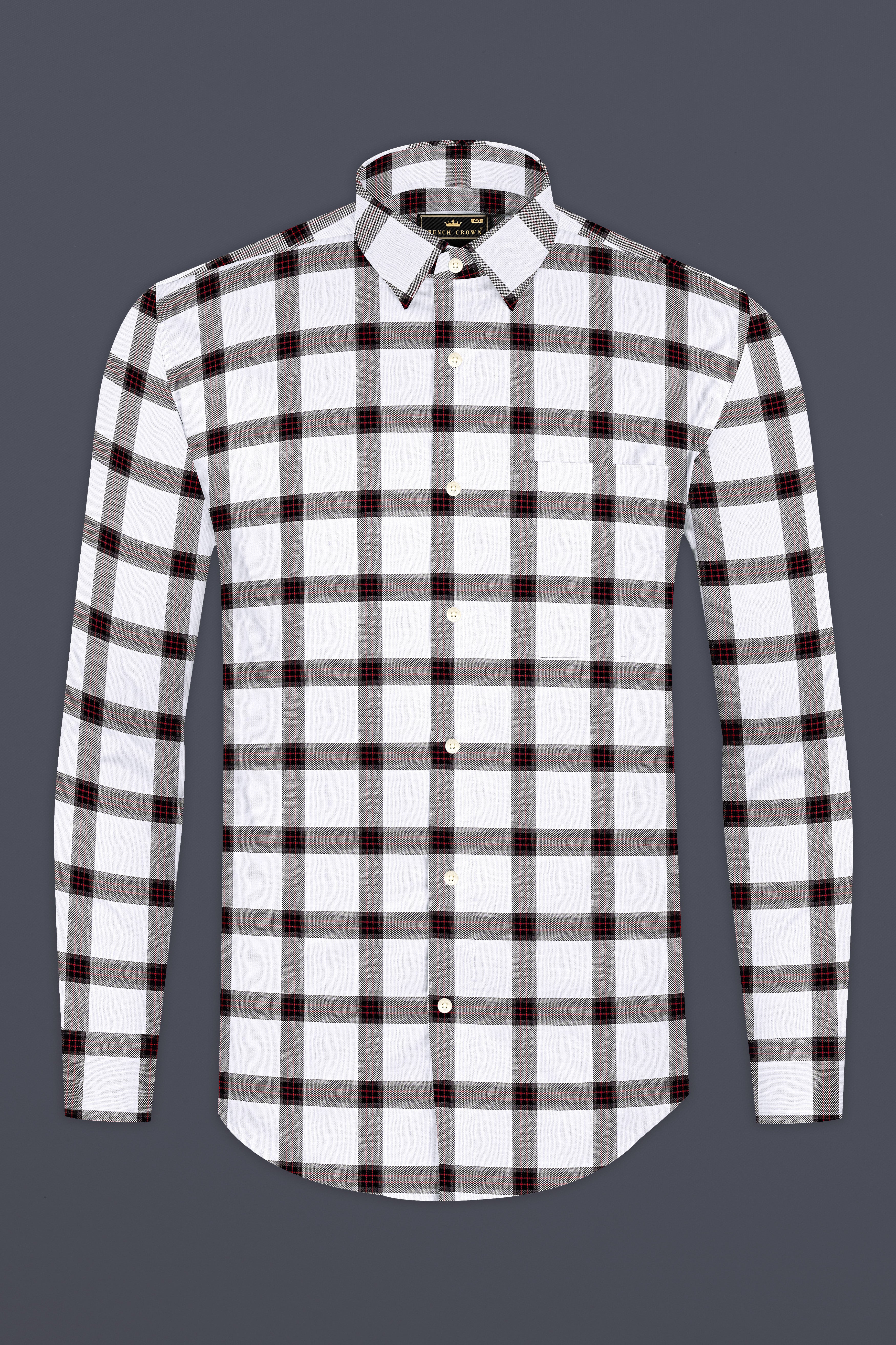 Bright White with Cornell Red and Black Plaid Dobby Textured Premium Giza Cotton Shirt