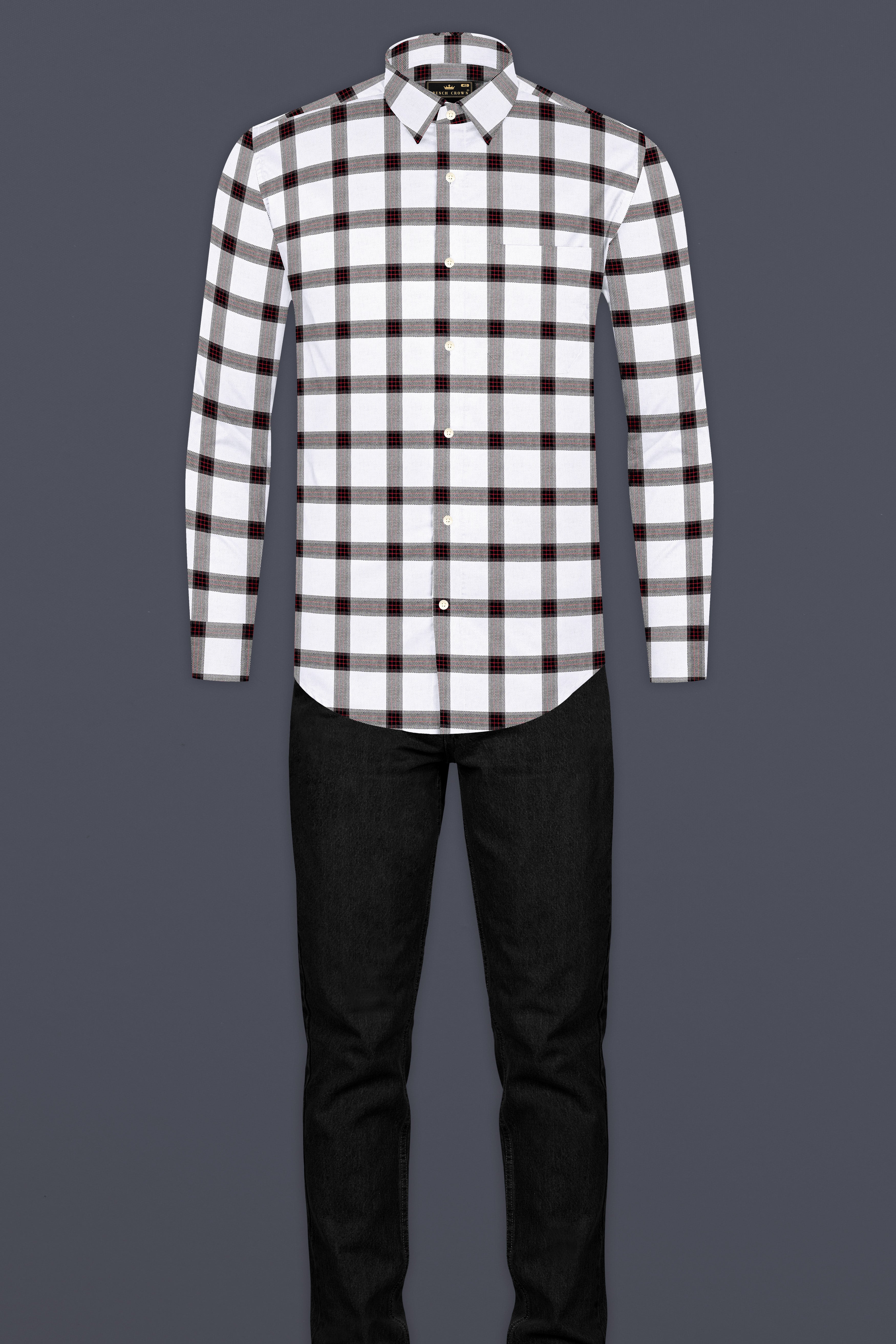 Bright White with Cornell Red and Black Plaid Dobby Textured Premium Giza Cotton Shirt